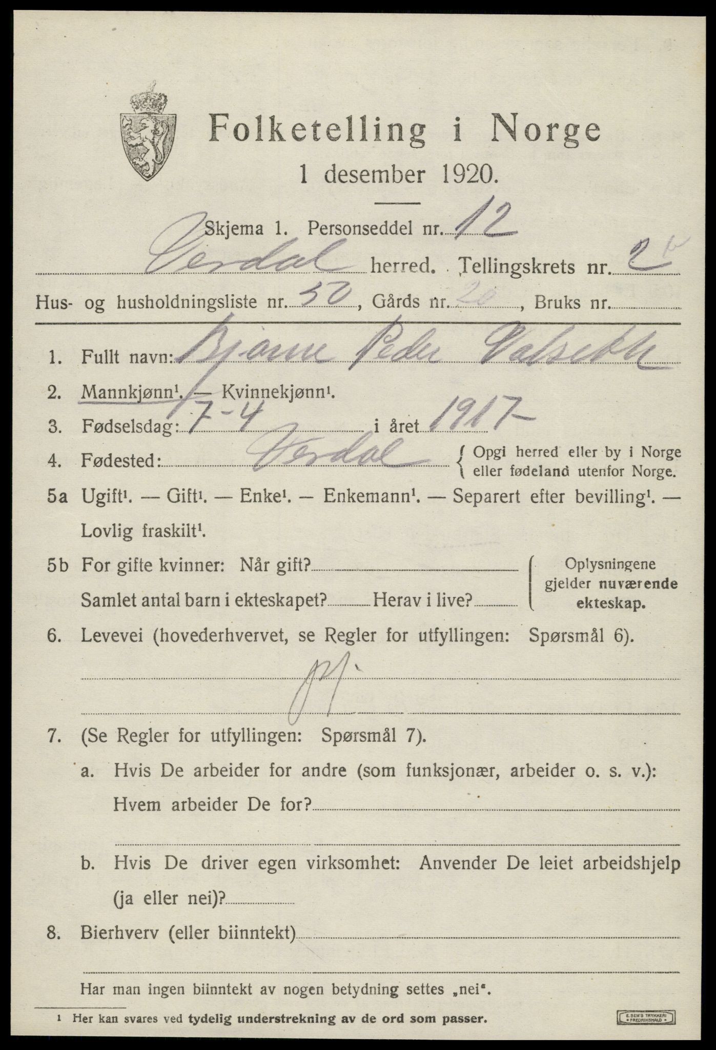 SAT, 1920 census for Verdal, 1920, p. 4713