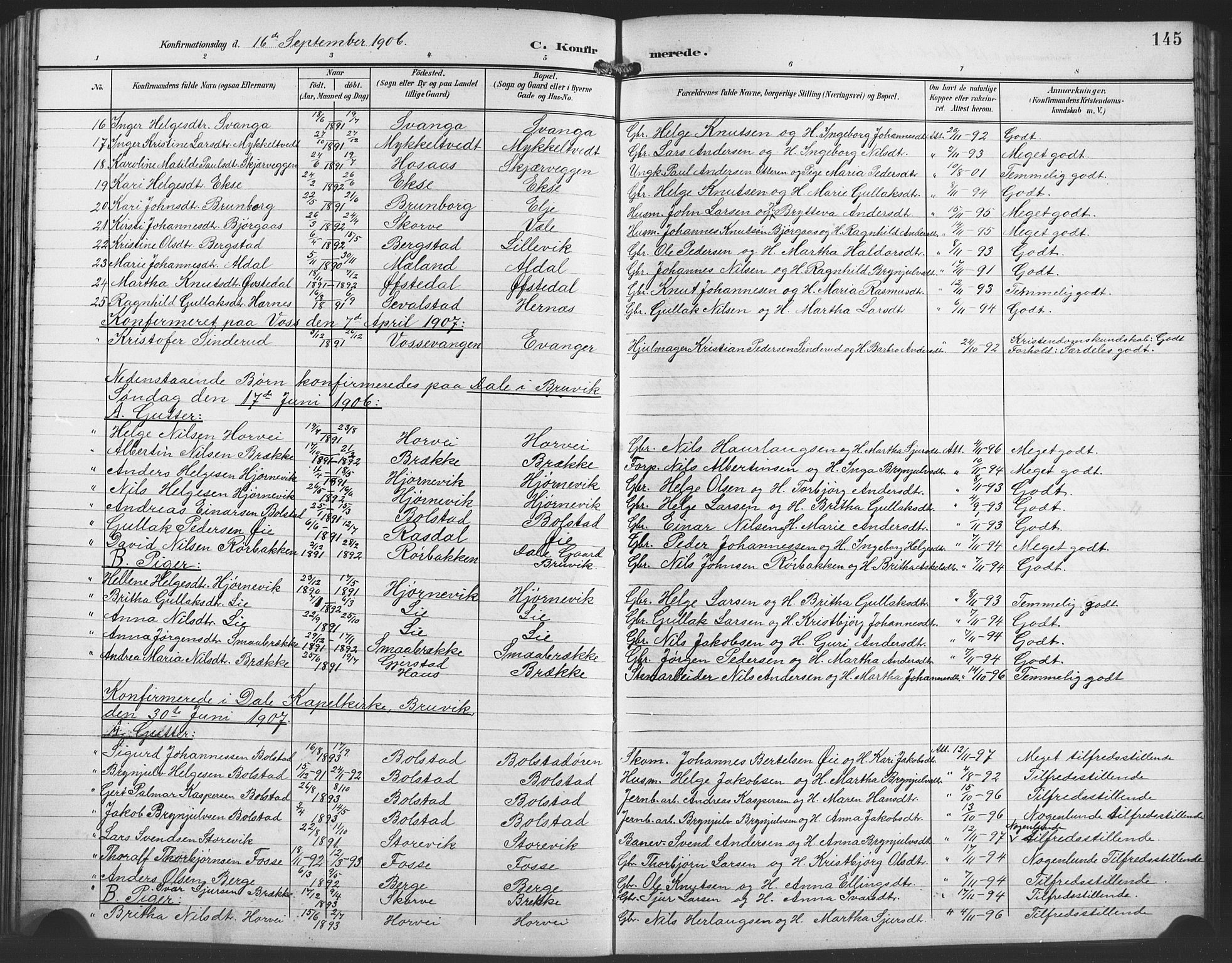 Evanger sokneprestembete, SAB/A-99924: Parish register (copy) no. A 5, 1897-1917, p. 145