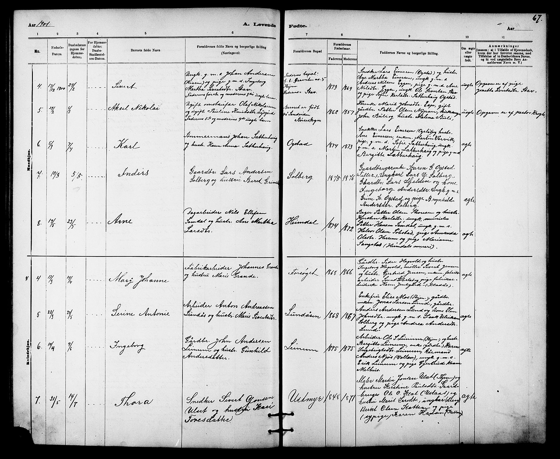 Ministerialprotokoller, klokkerbøker og fødselsregistre - Sør-Trøndelag, SAT/A-1456/613/L0395: Parish register (copy) no. 613C03, 1887-1909, p. 67