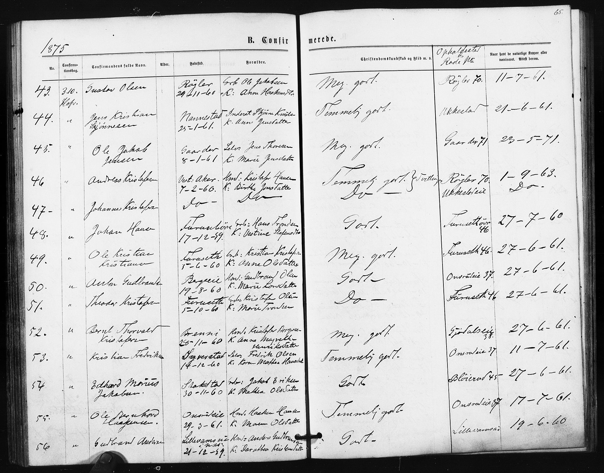 Ullensaker prestekontor Kirkebøker, SAO/A-10236a/F/Fa/L0017: Parish register (official) no. I 17, 1871-1875, p. 65