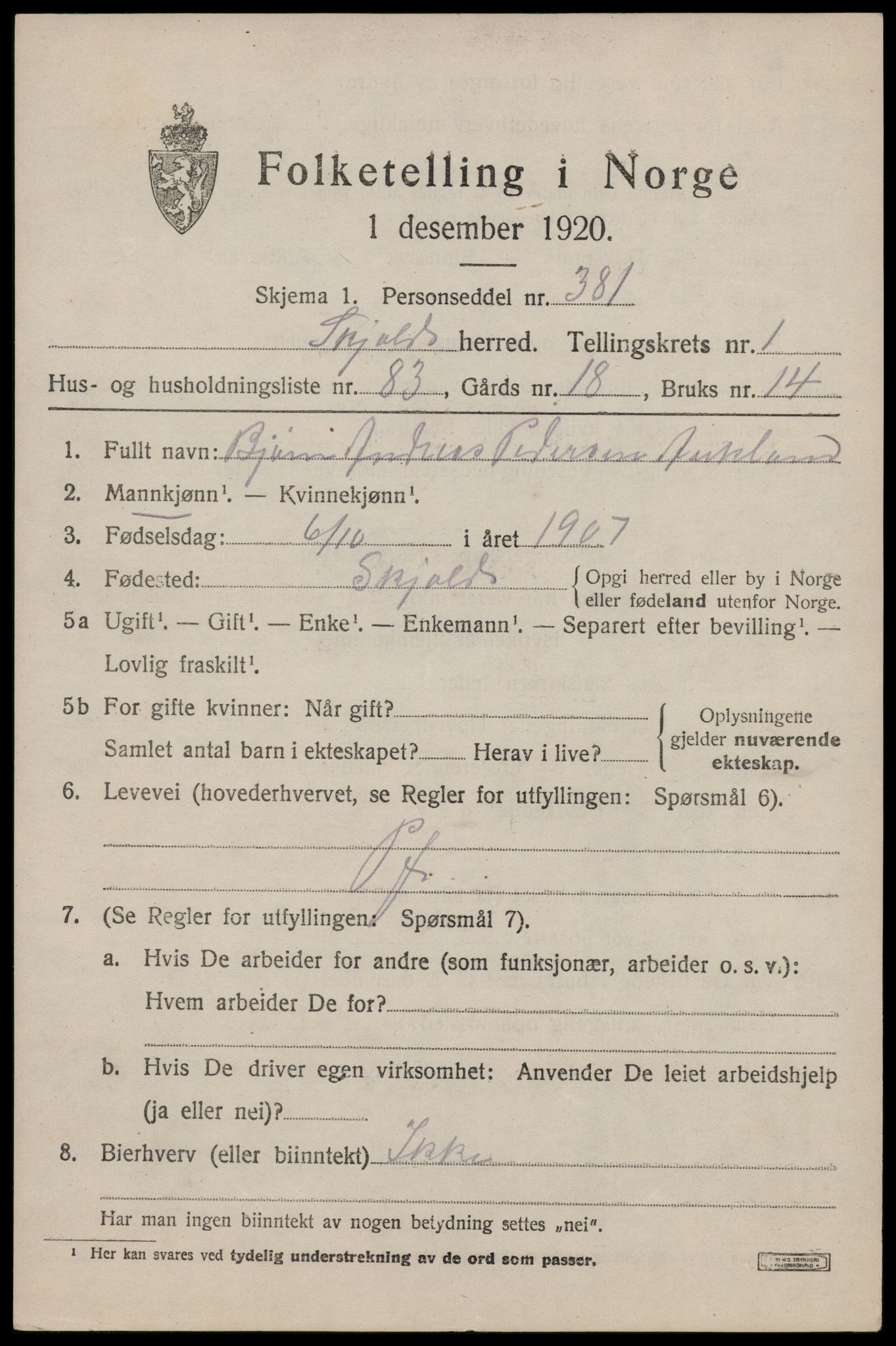 SAST, 1920 census for Skjold, 1920, p. 1674