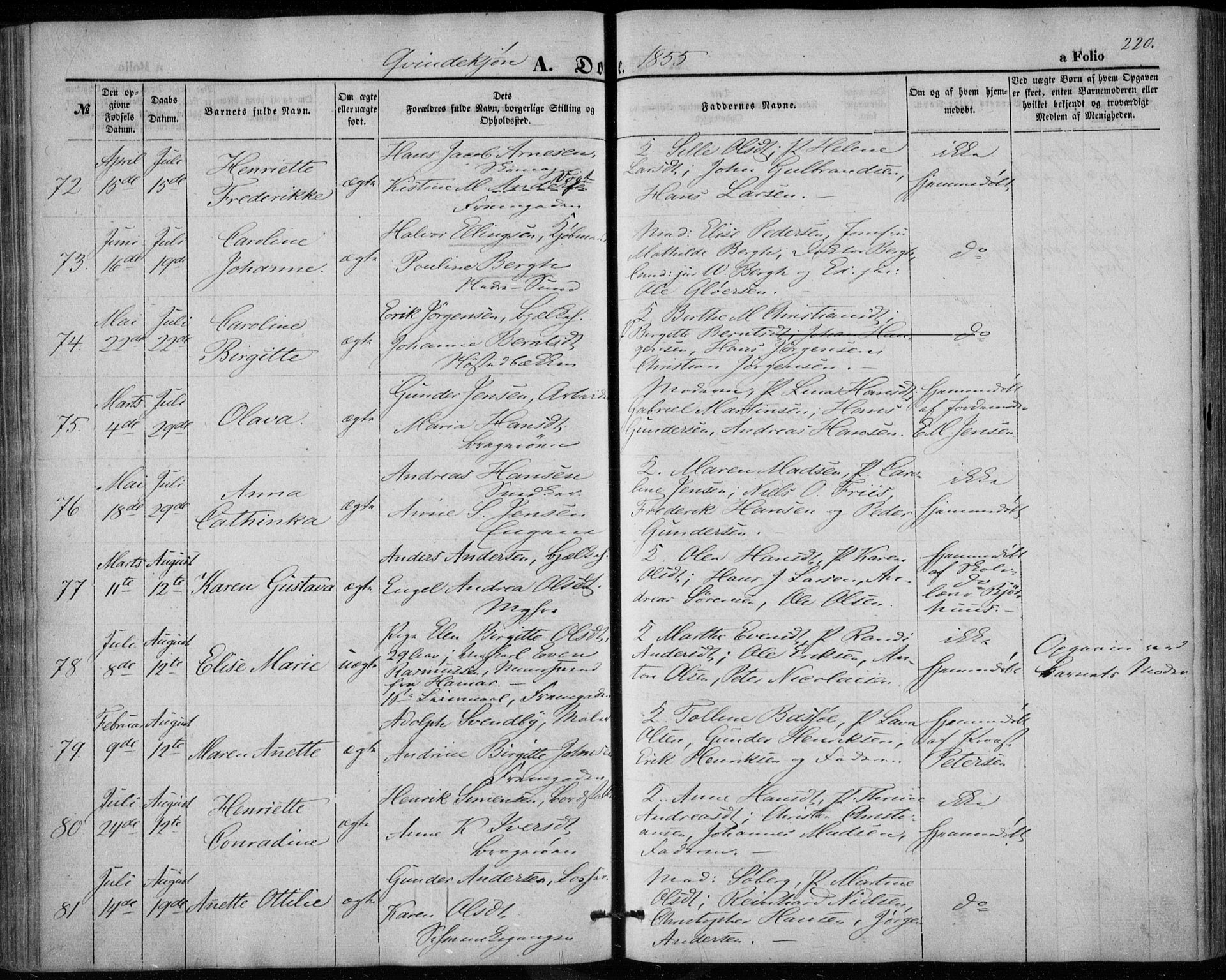 Bragernes kirkebøker, AV/SAKO-A-6/F/Fb/L0002: Parish register (official) no. II 2, 1848-1859, p. 220