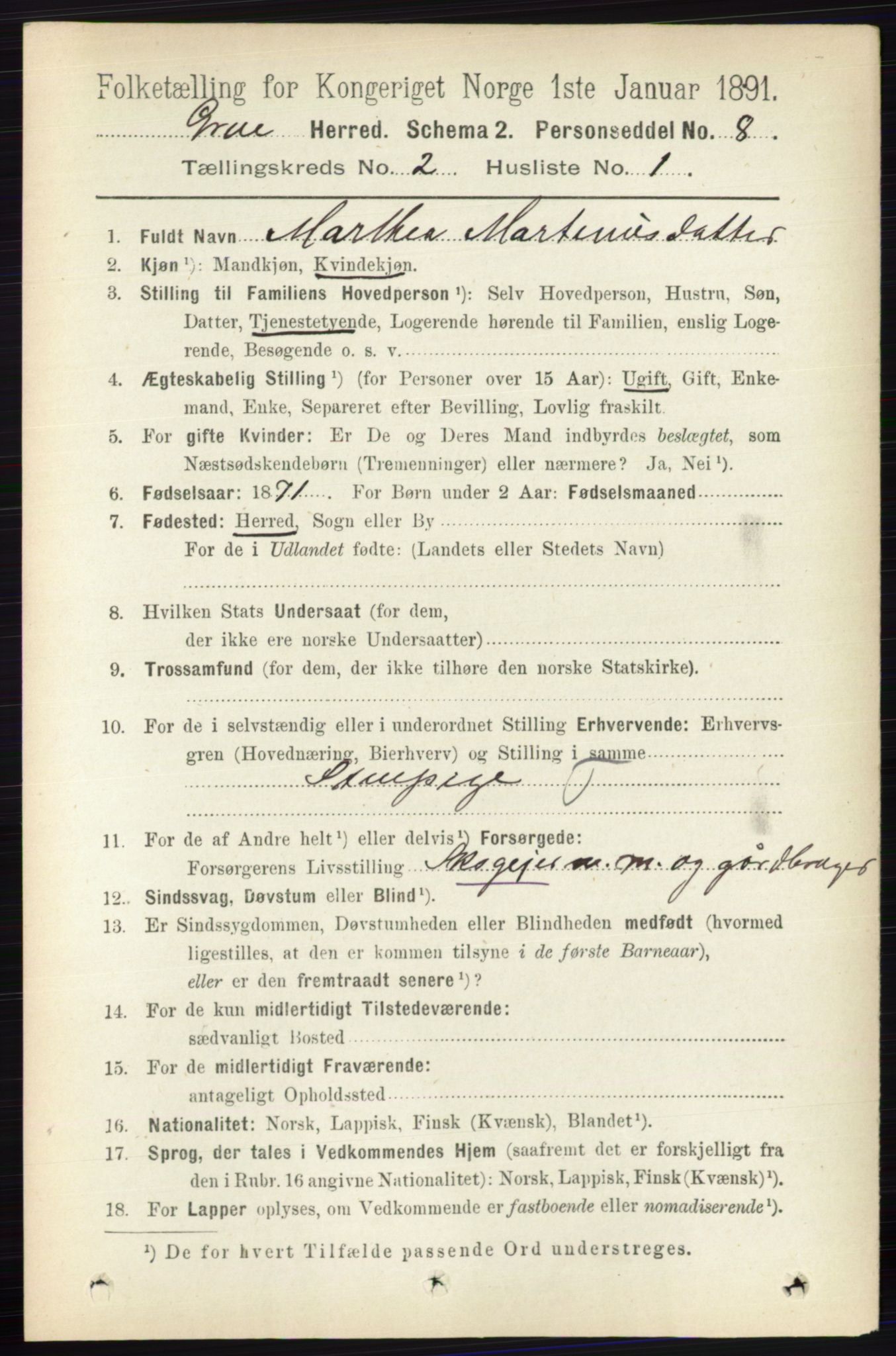 RA, 1891 census for 0423 Grue, 1891, p. 1079