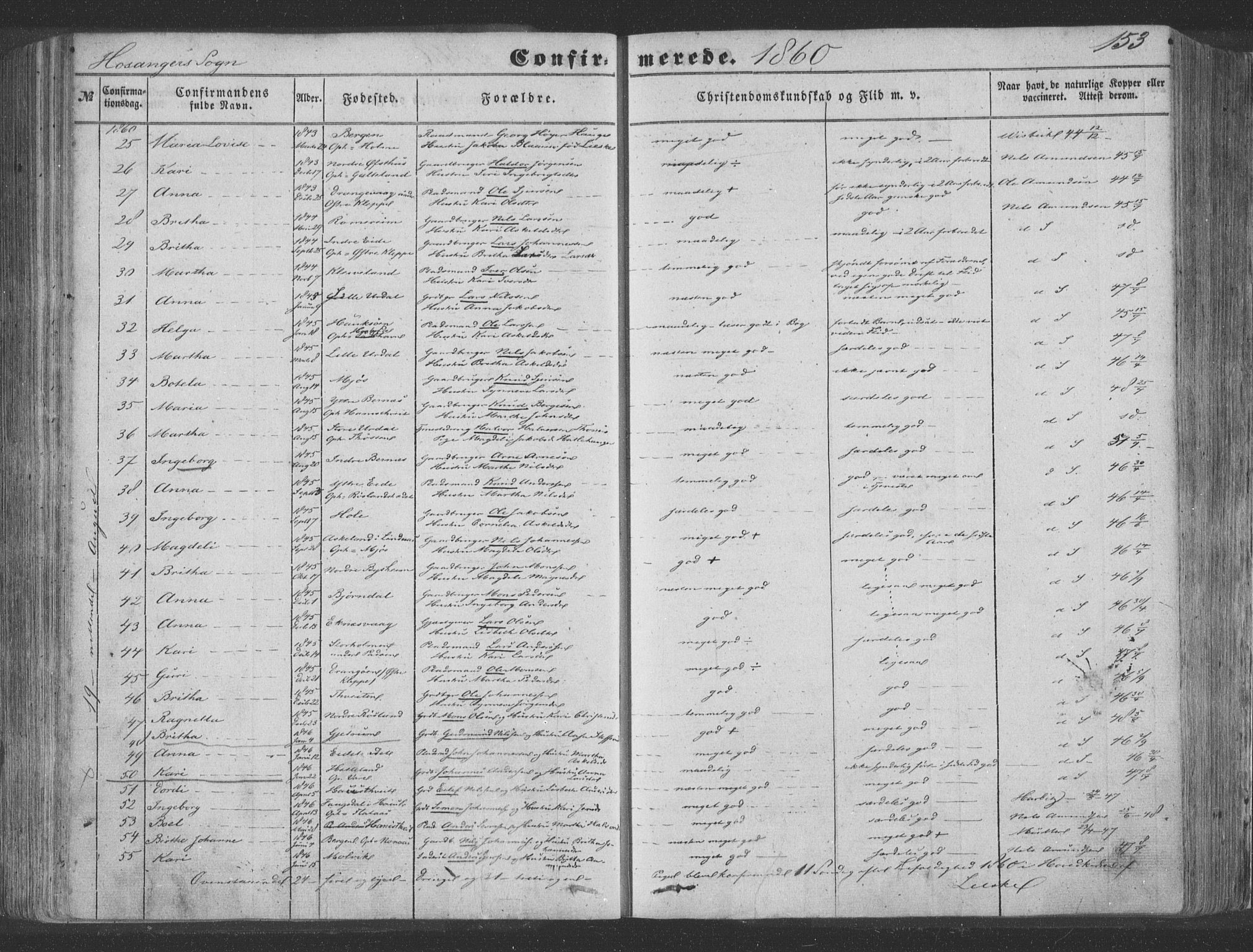 Hosanger sokneprestembete, AV/SAB-A-75801/H/Haa: Parish register (official) no. A 8, 1849-1863, p. 153