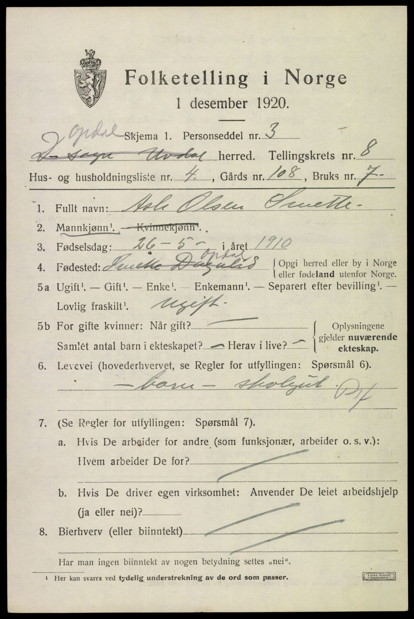 SAKO, 1920 census for Uvdal, 1920, p. 3091