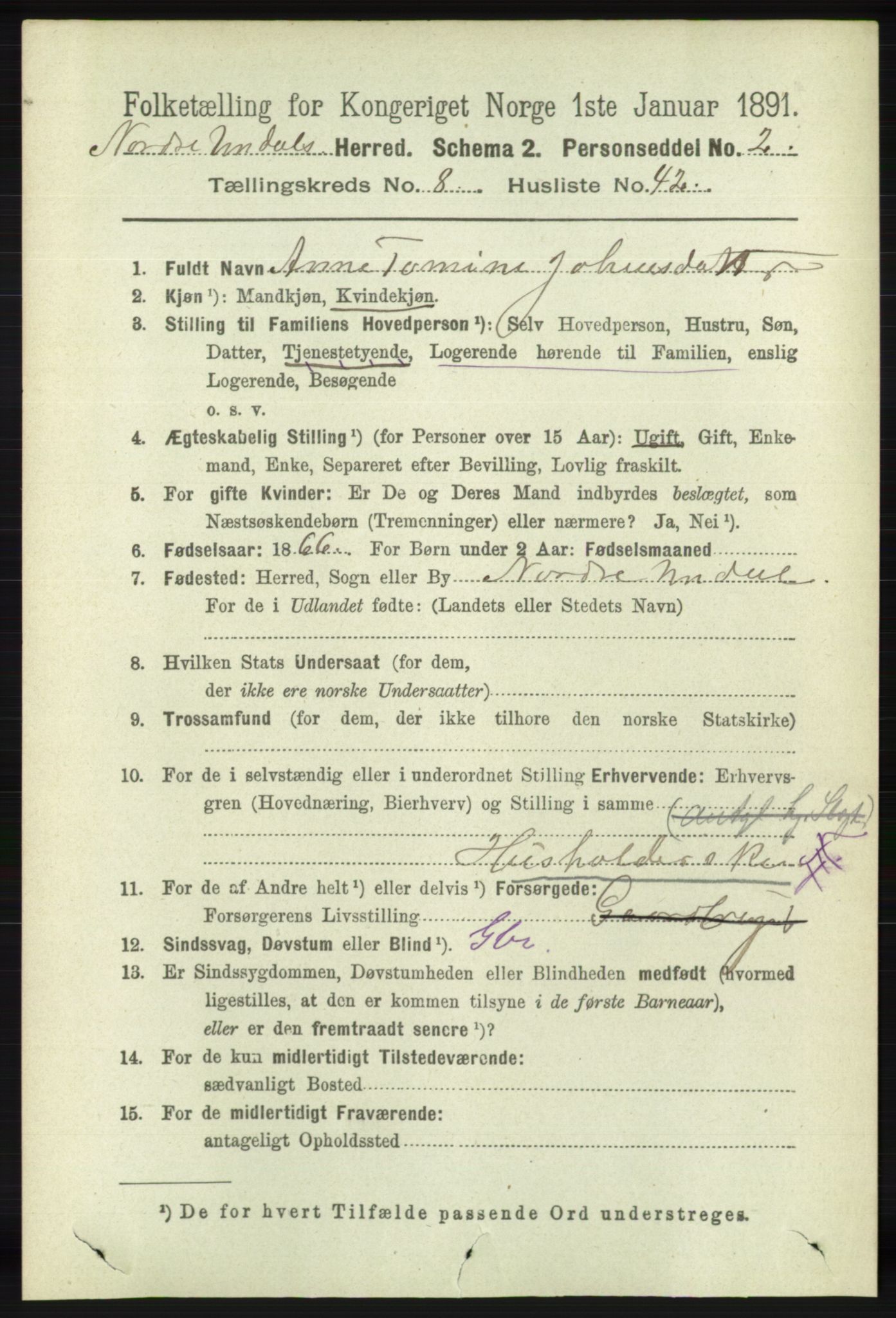 RA, 1891 census for 1028 Nord-Audnedal, 1891, p. 2291