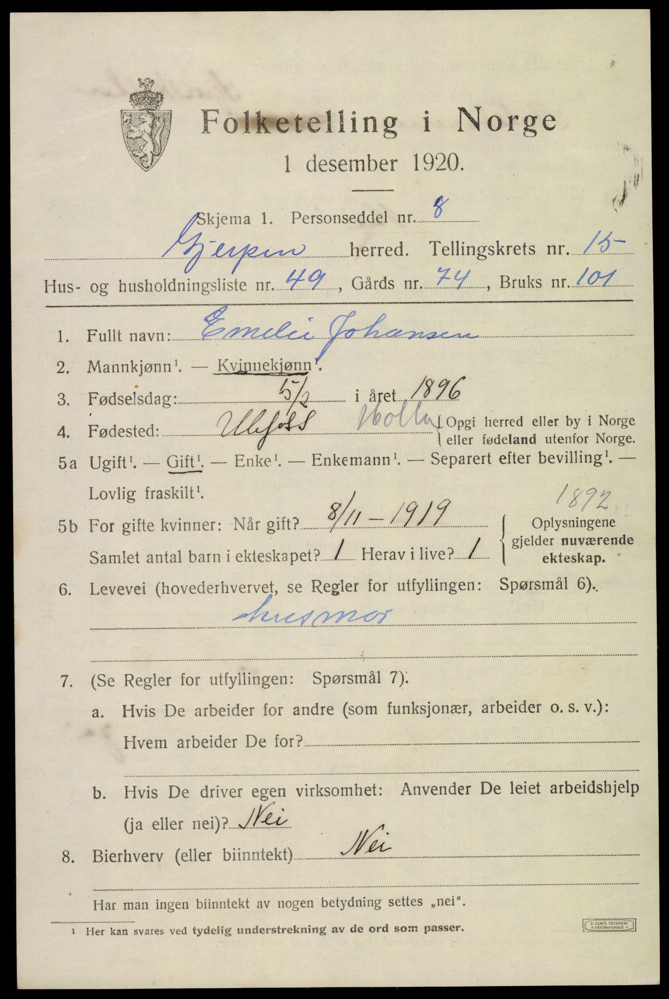 SAKO, 1920 census for Gjerpen, 1920, p. 17848