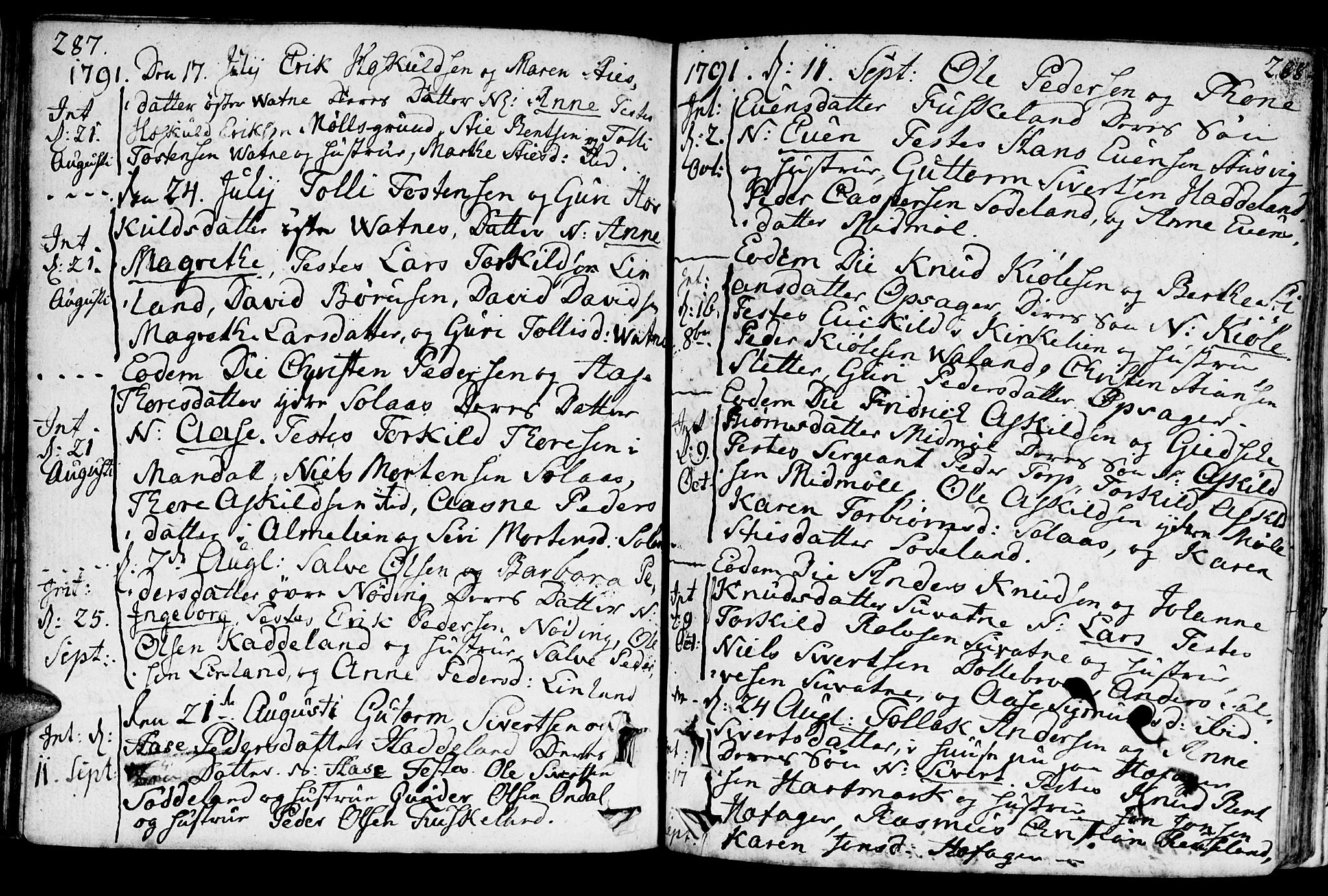Holum sokneprestkontor, AV/SAK-1111-0022/F/Fa/Faa/L0003: Parish register (official) no. A 3, 1780-1821, p. 287-288