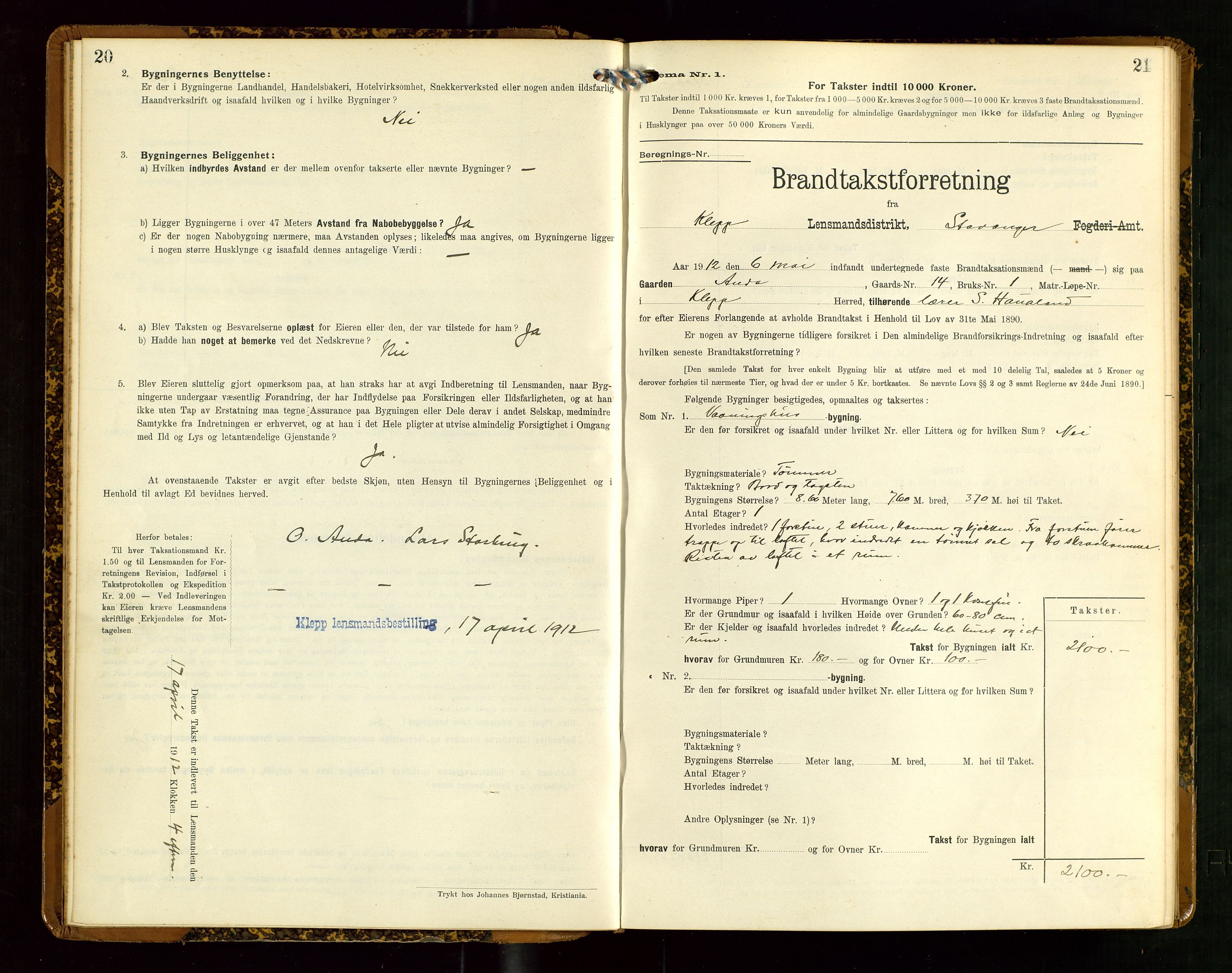 Klepp lensmannskontor, AV/SAST-A-100163/Goc/L0007: "Brandtaxationsprotokol" m/register, 1911-1915, p. 20-21