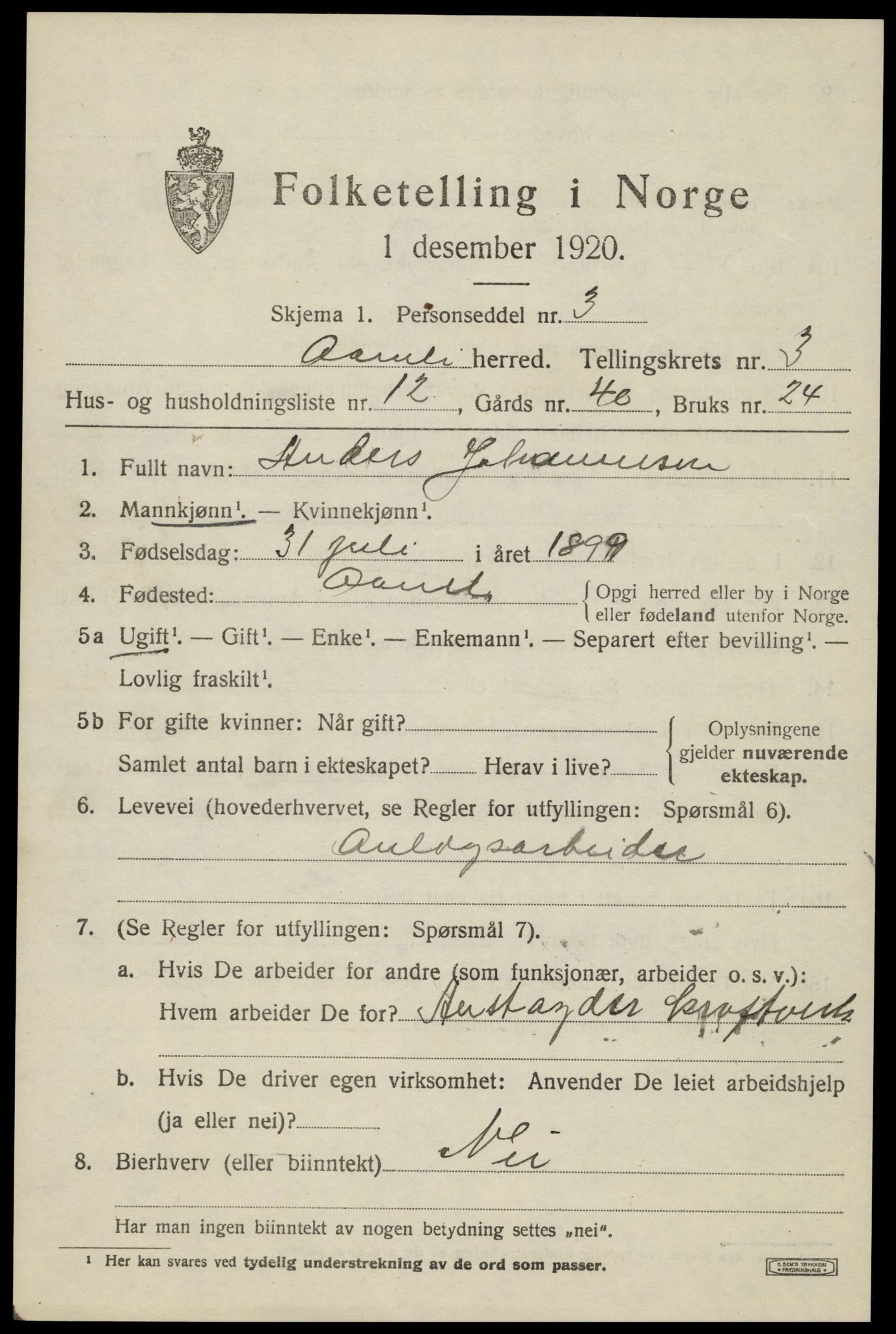 SAK, 1920 census for Åmli, 1920, p. 1401