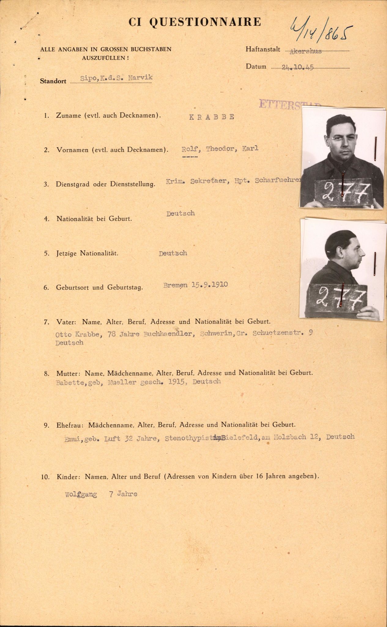 Forsvaret, Forsvarets overkommando II, AV/RA-RAFA-3915/D/Db/L0018: CI Questionaires. Tyske okkupasjonsstyrker i Norge. Tyskere., 1945-1946, p. 11