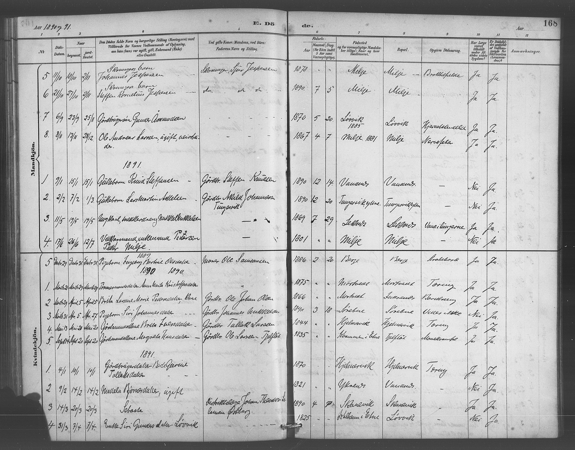 Skånevik sokneprestembete, AV/SAB-A-77801/H/Hab: Parish register (copy) no. A 2, 1888-1924, p. 168