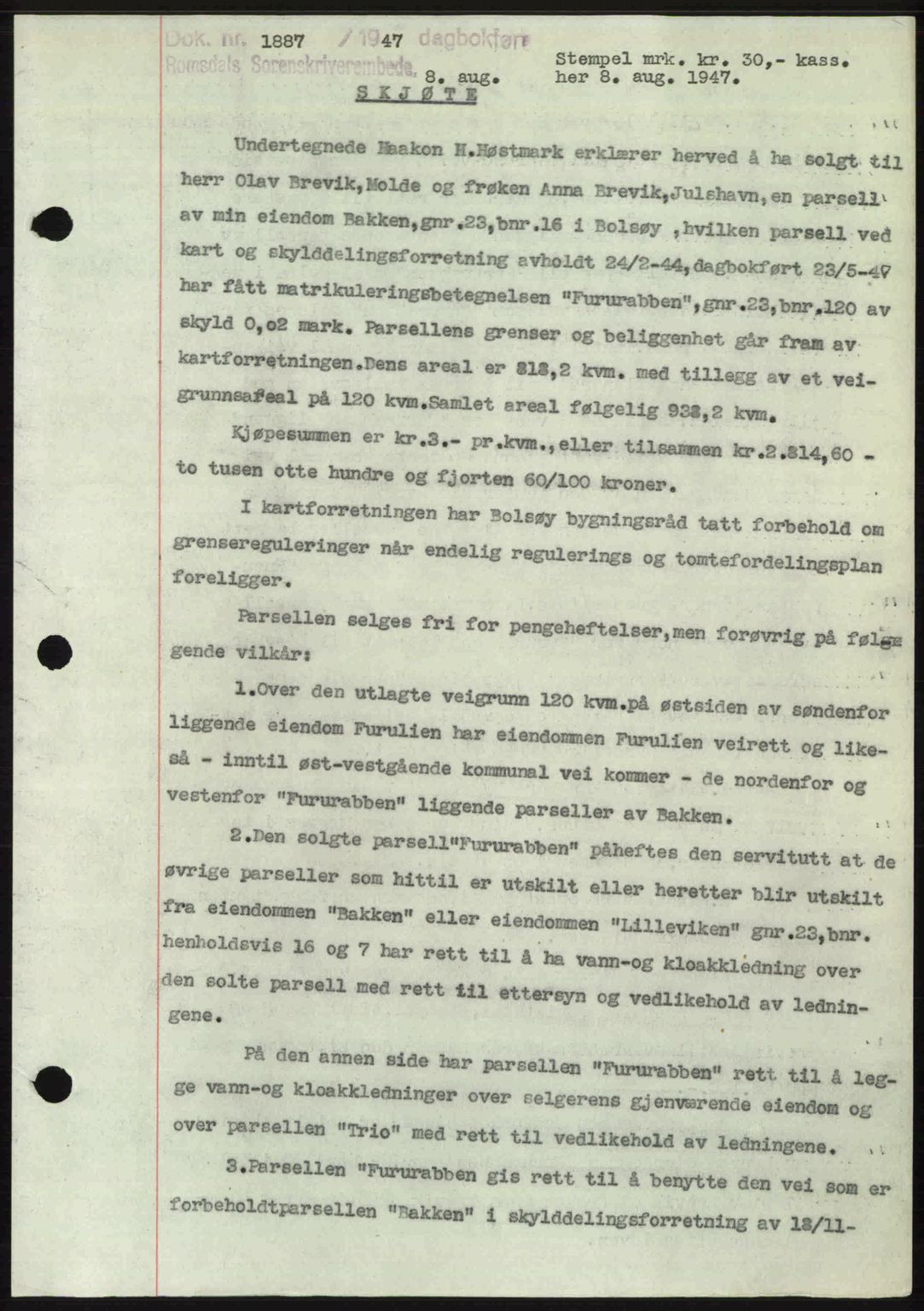 Romsdal sorenskriveri, AV/SAT-A-4149/1/2/2C: Mortgage book no. A23, 1947-1947, Diary no: : 1887/1947