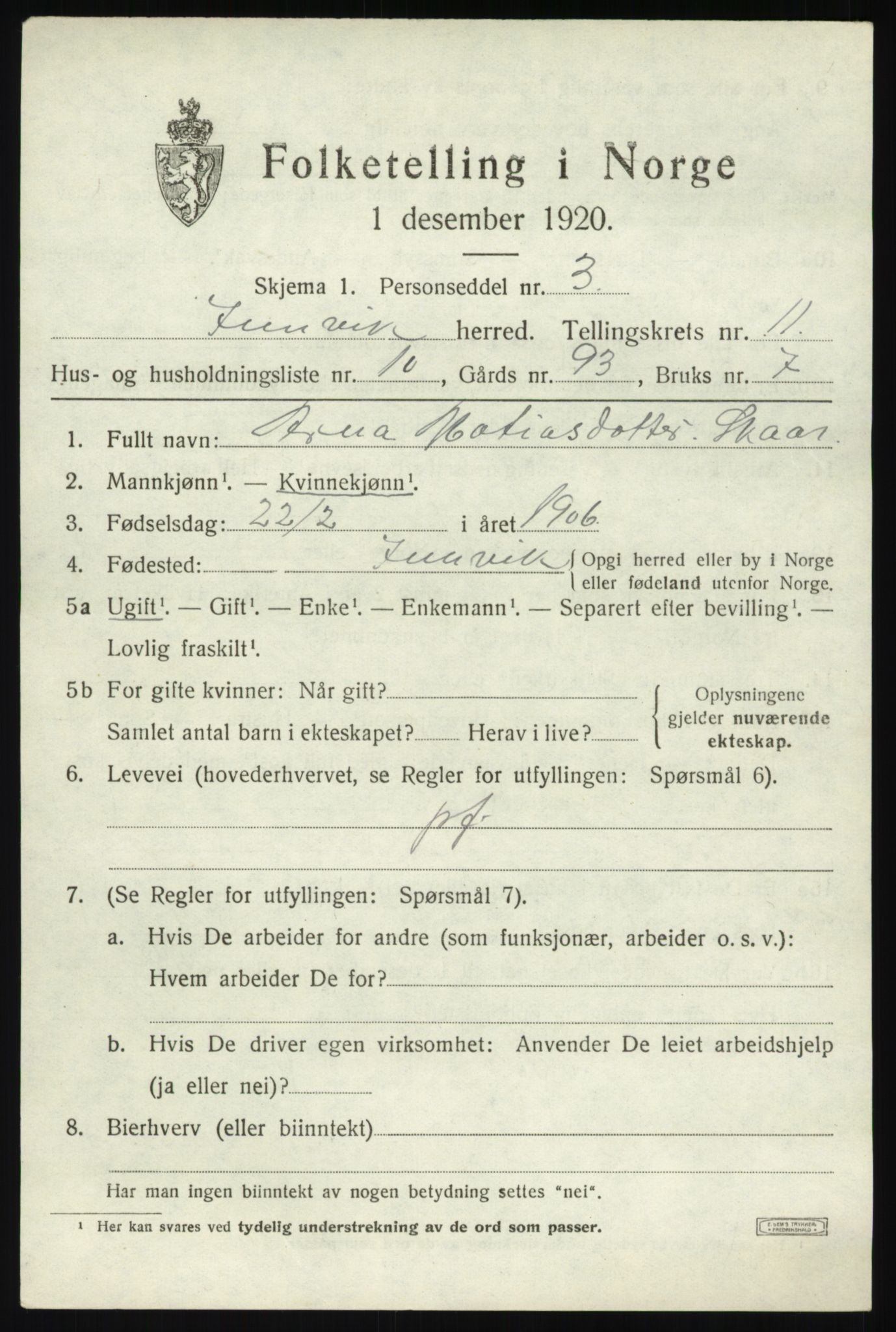 SAB, 1920 census for Innvik, 1920, p. 4635
