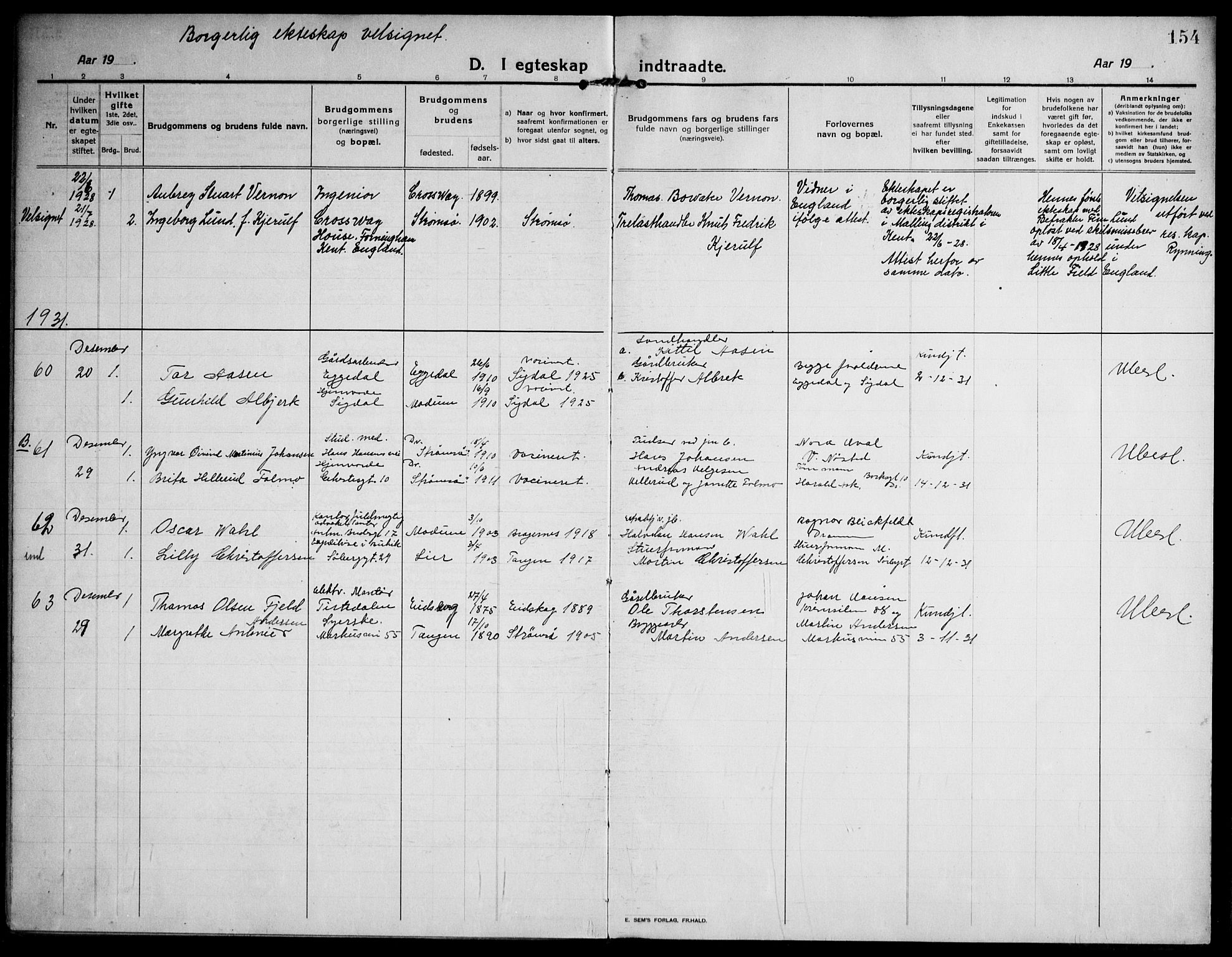 Strømsø kirkebøker, AV/SAKO-A-246/F/Fa/L0027: Parish register (official) no. I 28, 1912-1931, p. 154