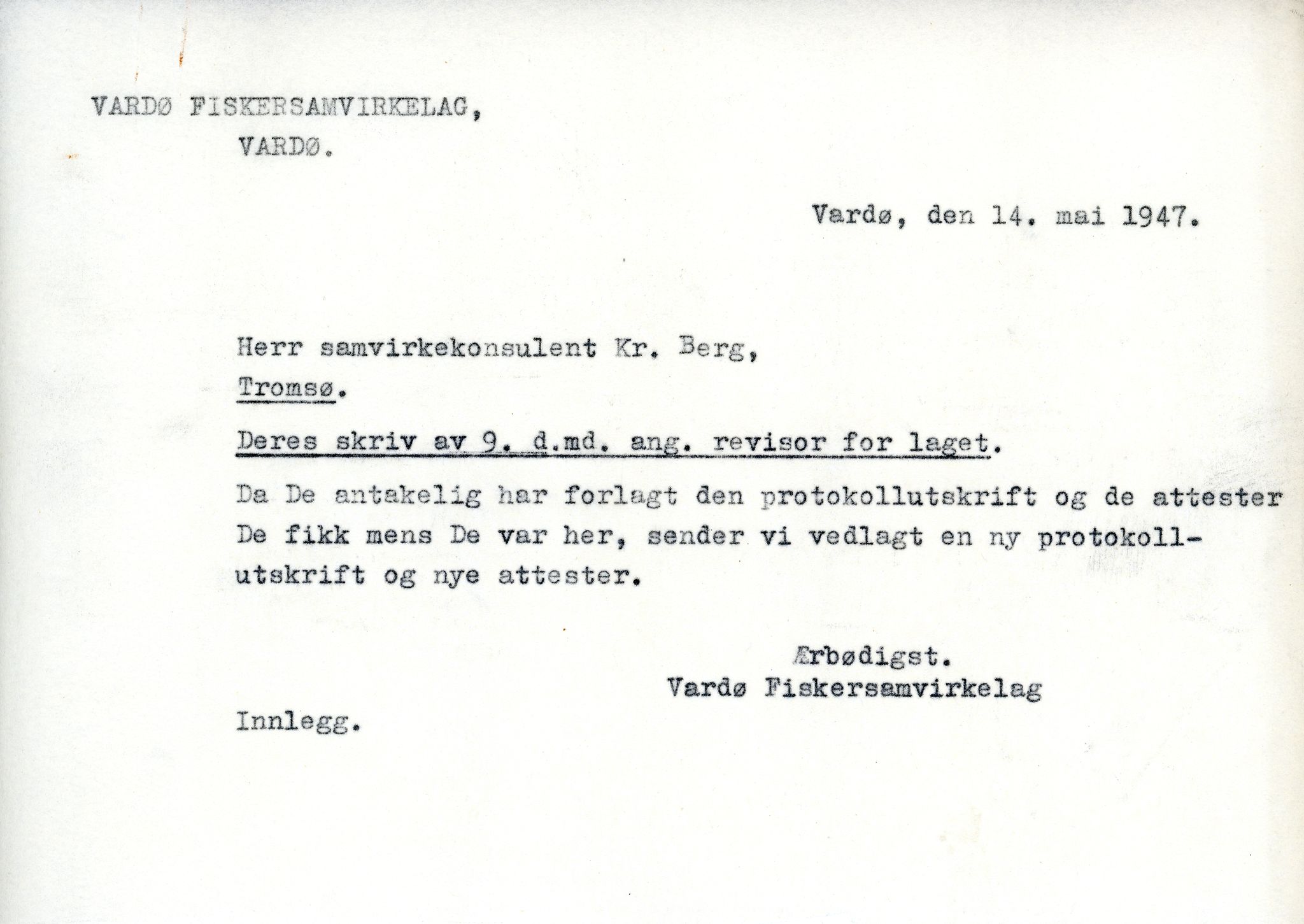 Vardø Fiskersamvirkelag, VAMU/A-0037/D/Da/L0006: Korrespondanse Re-St, 1947-1951