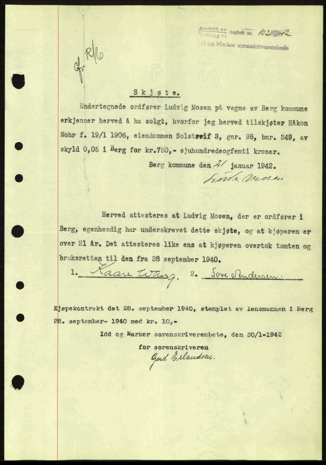 Idd og Marker sorenskriveri, AV/SAO-A-10283/G/Gb/Gbb/L0005: Mortgage book no. A5, 1941-1943, Diary no: : 102/1942