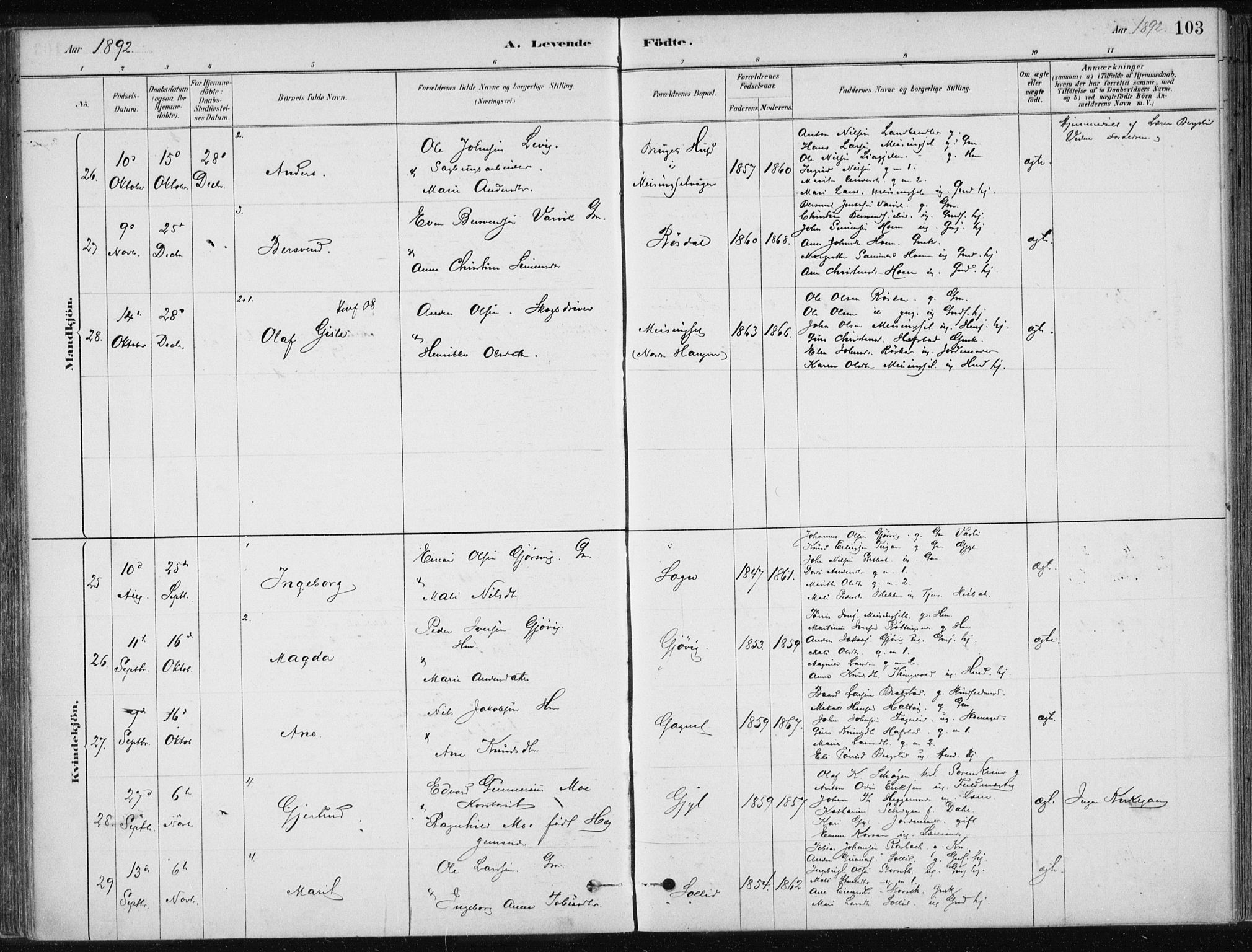 Ministerialprotokoller, klokkerbøker og fødselsregistre - Møre og Romsdal, AV/SAT-A-1454/586/L0987: Parish register (official) no. 586A13, 1879-1892, p. 103