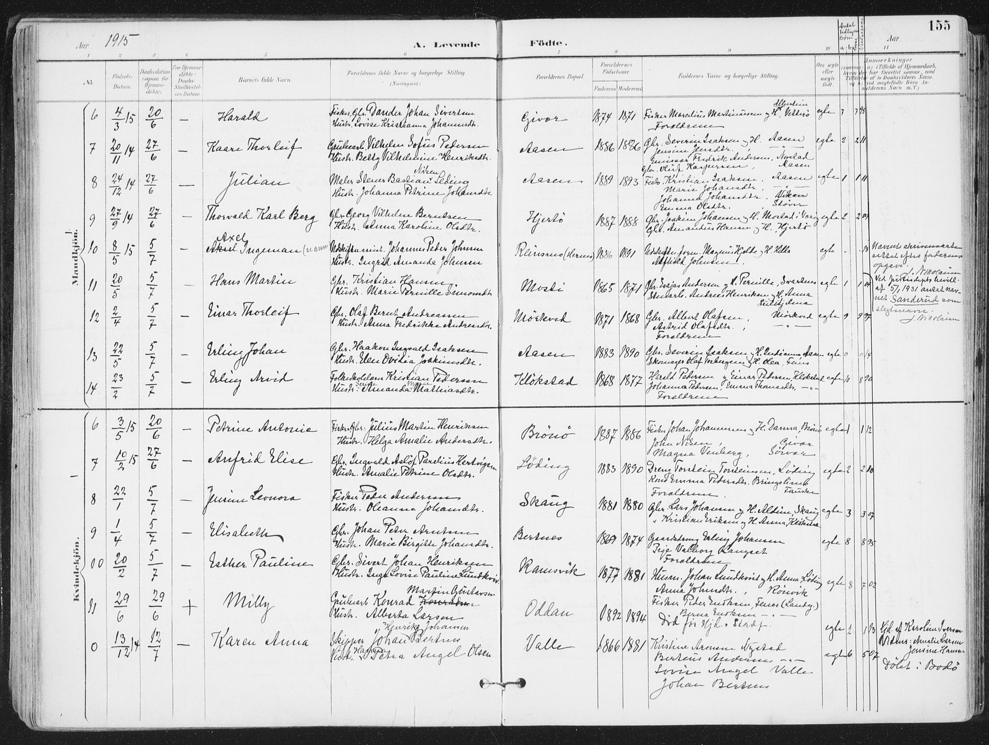 Ministerialprotokoller, klokkerbøker og fødselsregistre - Nordland, AV/SAT-A-1459/802/L0055: Parish register (official) no. 802A02, 1894-1915, p. 155