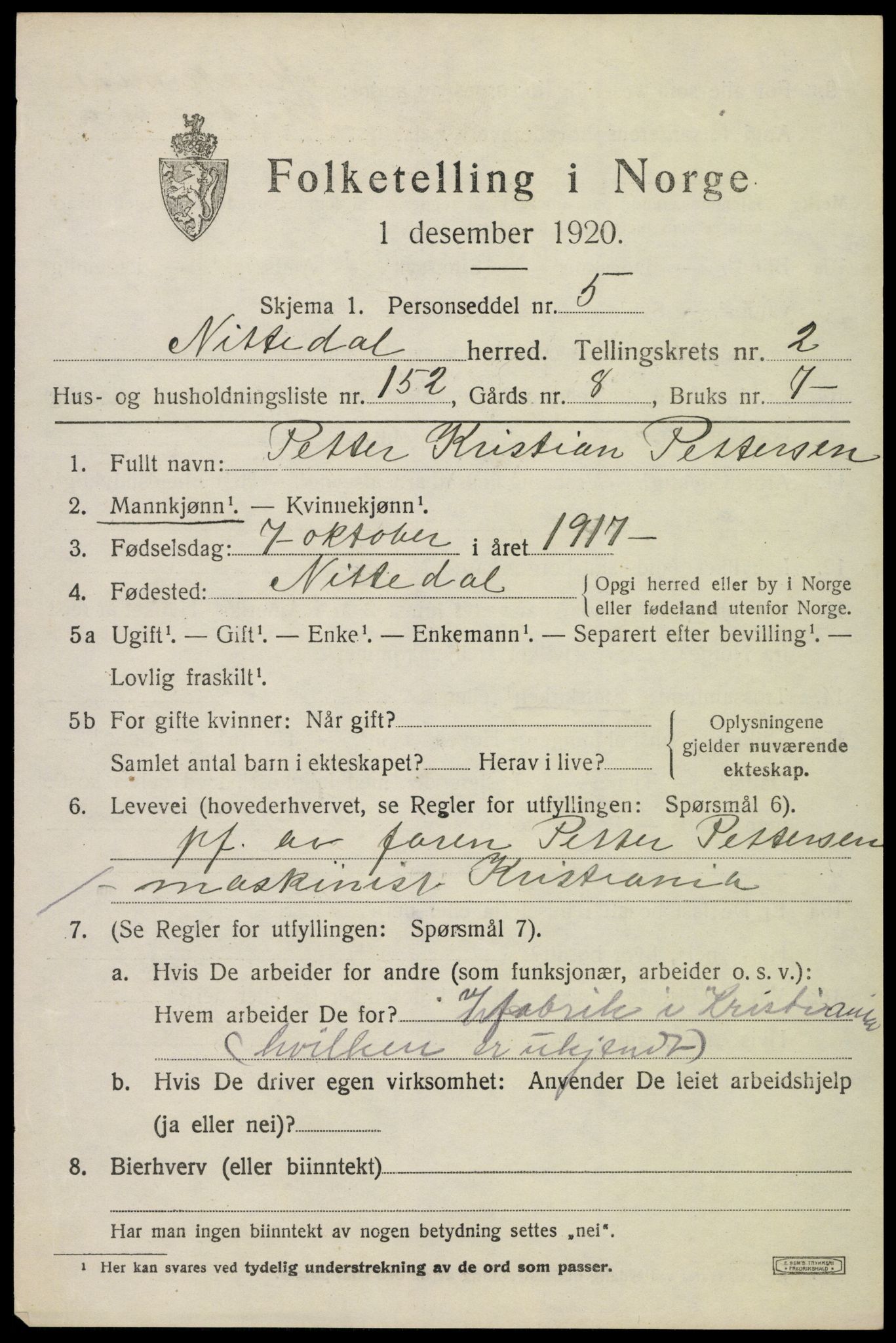 SAO, 1920 census for Nittedal, 1920, p. 3364