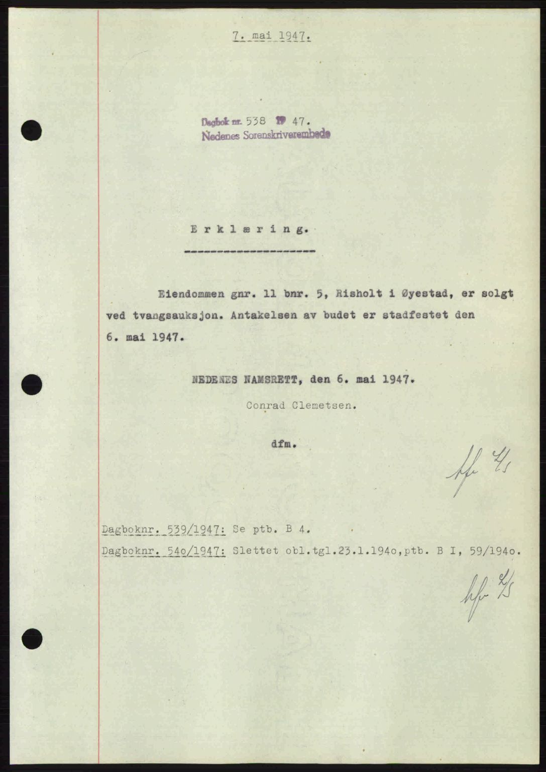 Nedenes sorenskriveri, AV/SAK-1221-0006/G/Gb/Gba/L0057: Mortgage book no. A9, 1947-1947, Diary no: : 538/1947