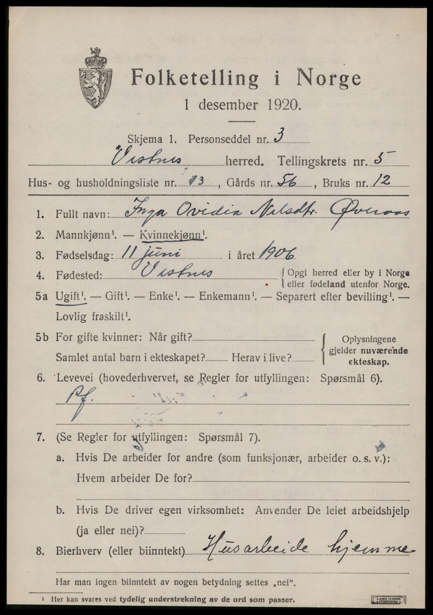 SAT, 1920 census for Vestnes, 1920, p. 4101