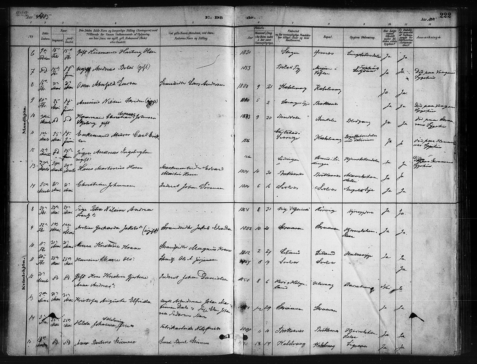 Ministerialprotokoller, klokkerbøker og fødselsregistre - Nordland, AV/SAT-A-1459/874/L1059: Parish register (official) no. 874A03, 1884-1890, p. 222