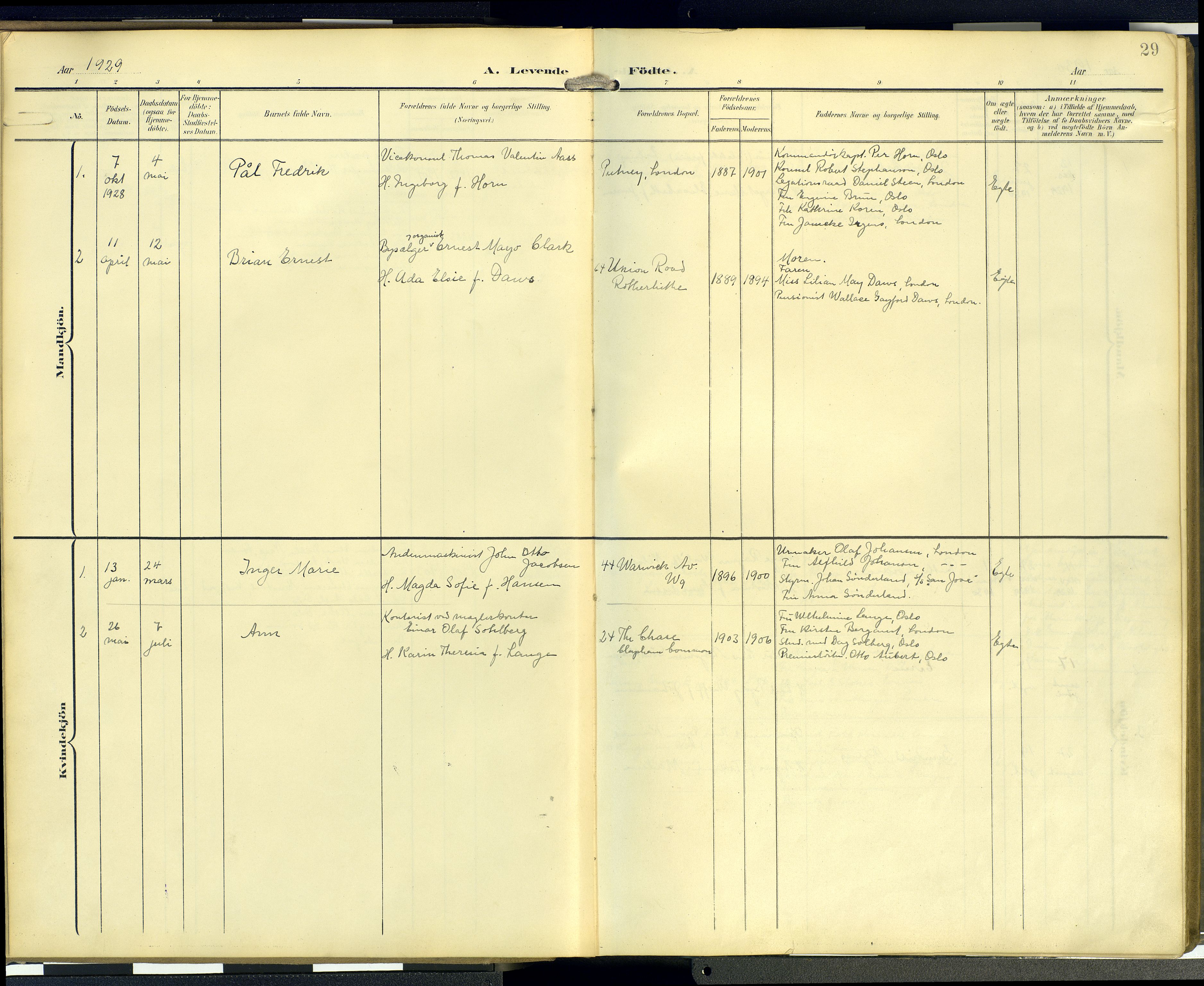  Den norske sjømannsmisjon i utlandet/London m/bistasjoner, SAB/SAB/PA-0103/H/Ha/L0003: Parish register (official) no. A 3, 1903-1934, p. 28b-29a