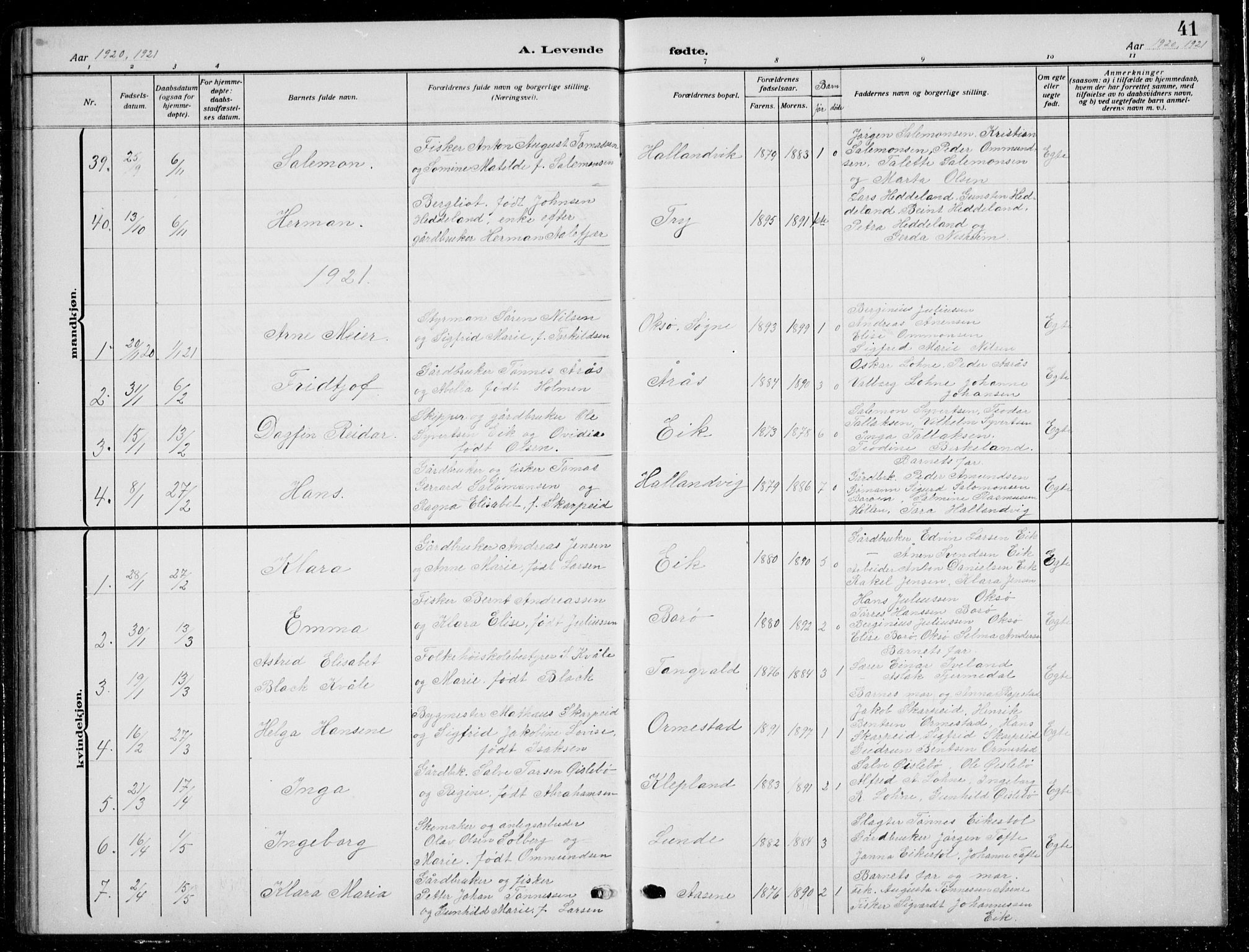 Søgne sokneprestkontor, SAK/1111-0037/F/Fb/Fbb/L0007: Parish register (copy) no. B 7, 1912-1931, p. 41