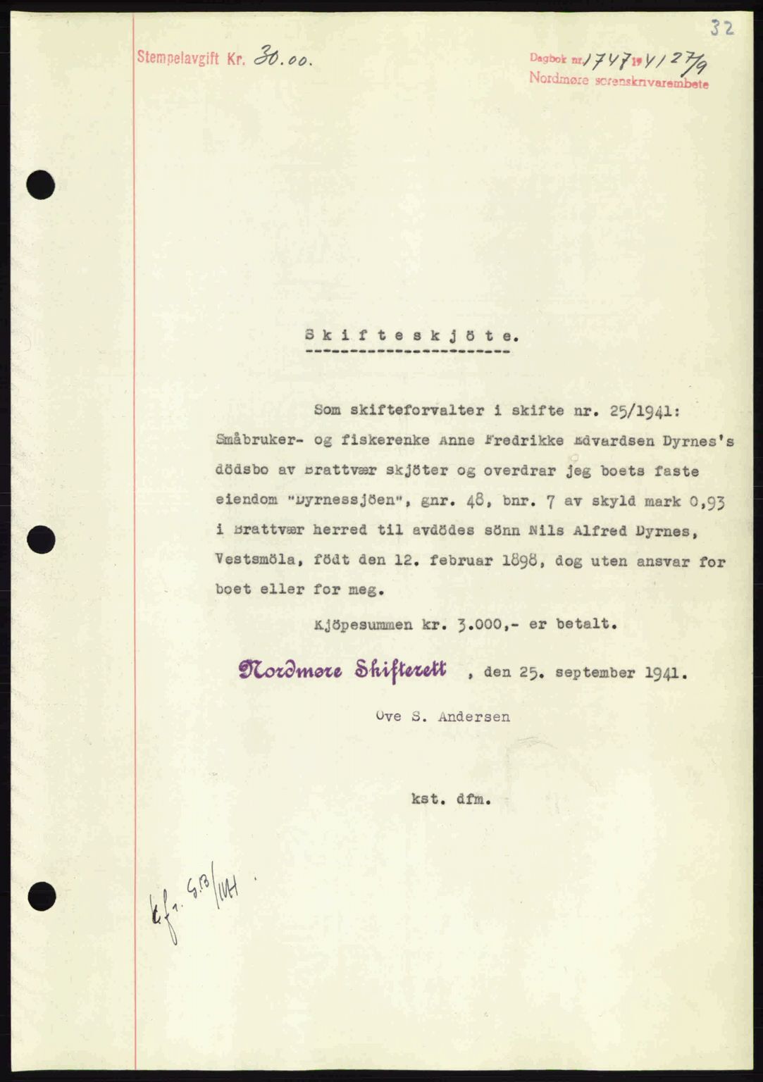 Nordmøre sorenskriveri, AV/SAT-A-4132/1/2/2Ca: Mortgage book no. A91, 1941-1942, Diary no: : 1747/1941