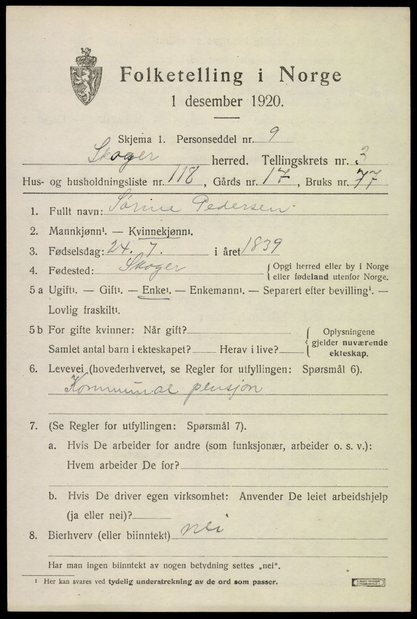 SAKO, 1920 census for Skoger, 1920, p. 9345
