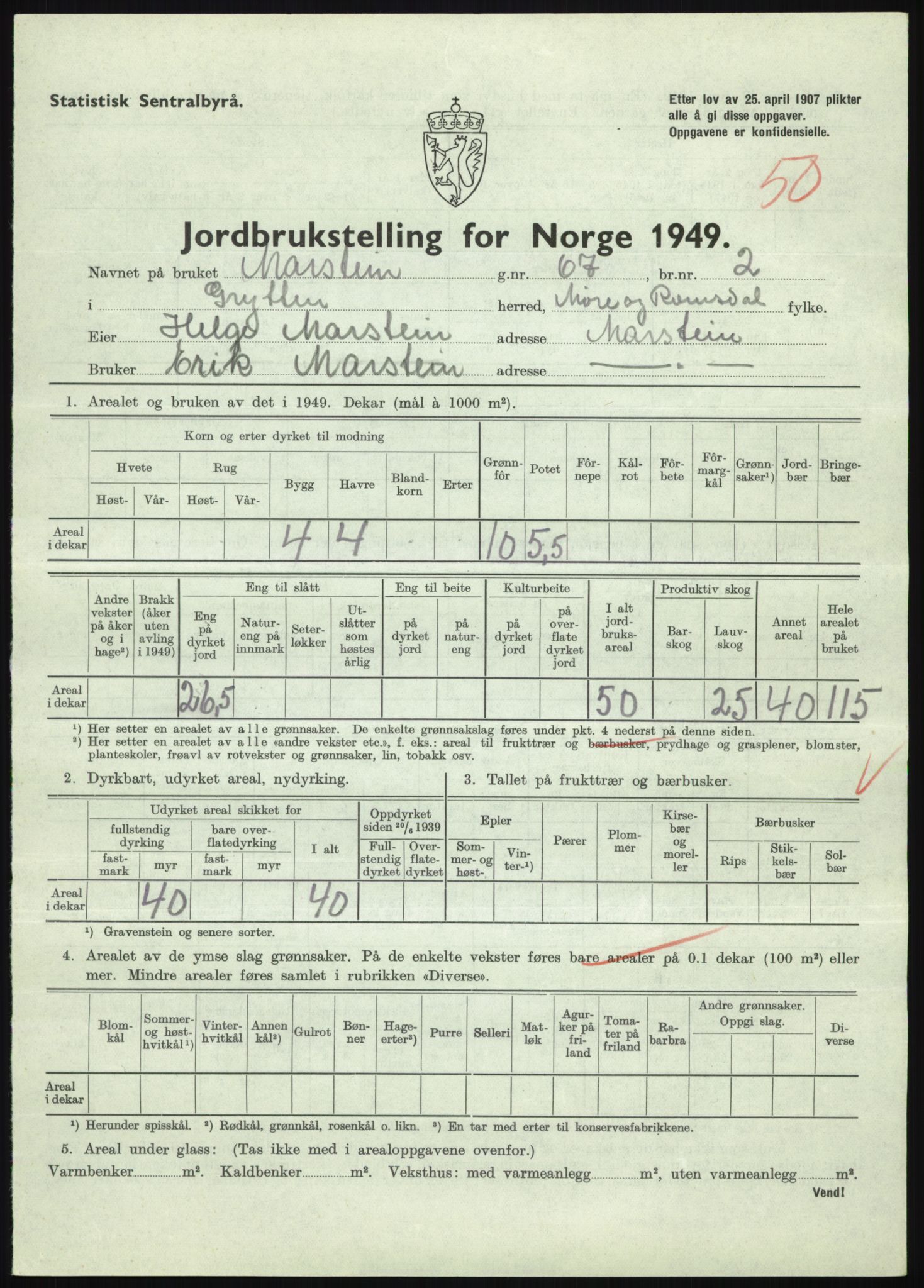 Statistisk sentralbyrå, Næringsøkonomiske emner, Jordbruk, skogbruk, jakt, fiske og fangst, AV/RA-S-2234/G/Gc/L0323: Møre og Romsdal: Grytten og Hen, 1949, p. 253