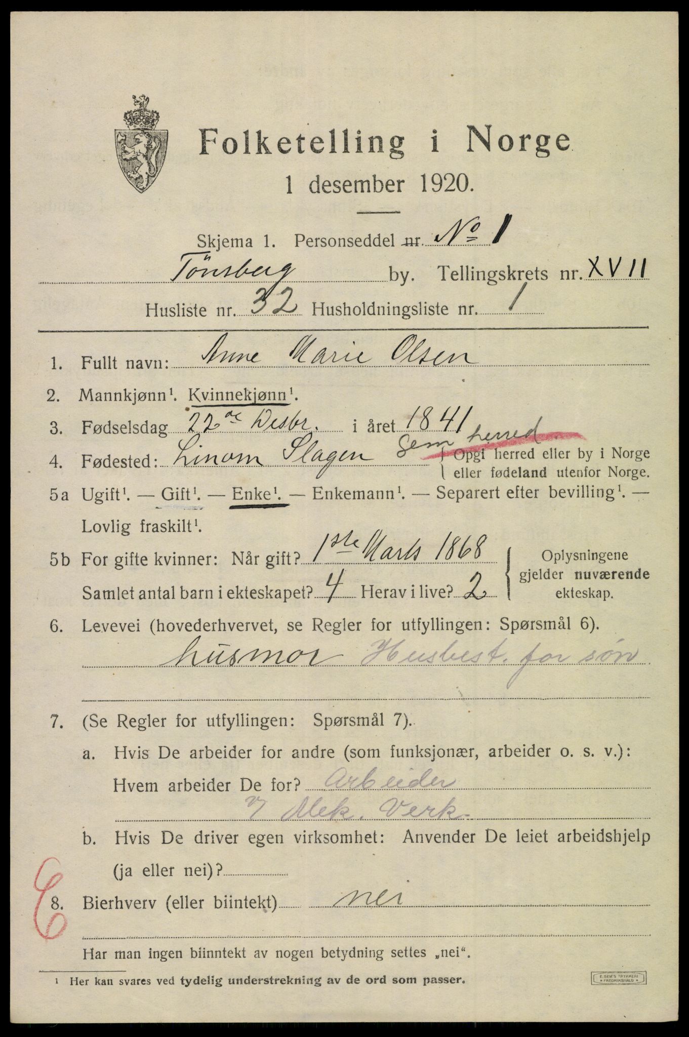 SAKO, 1920 census for Tønsberg, 1920, p. 26557