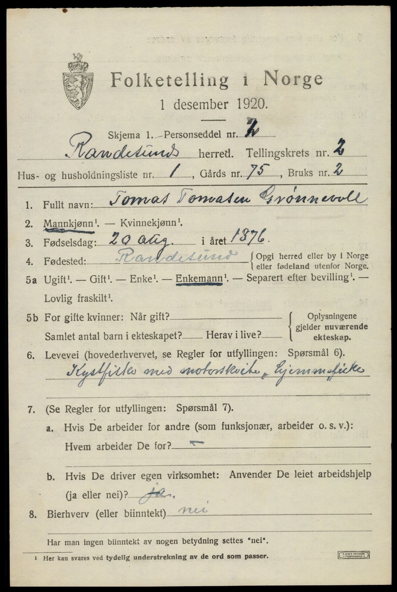 SAK, 1920 census for Randesund, 1920, p. 1090