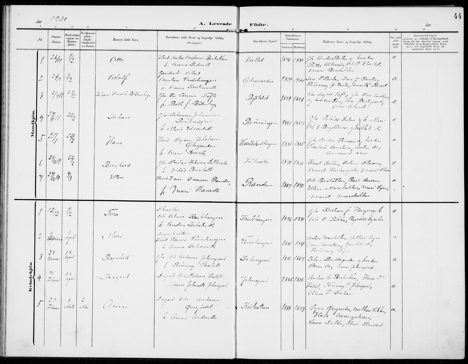 Sel prestekontor, AV/SAH-PREST-074/H/Ha/Haa/L0001: Parish register (official) no. 1, 1905-1922, p. 44