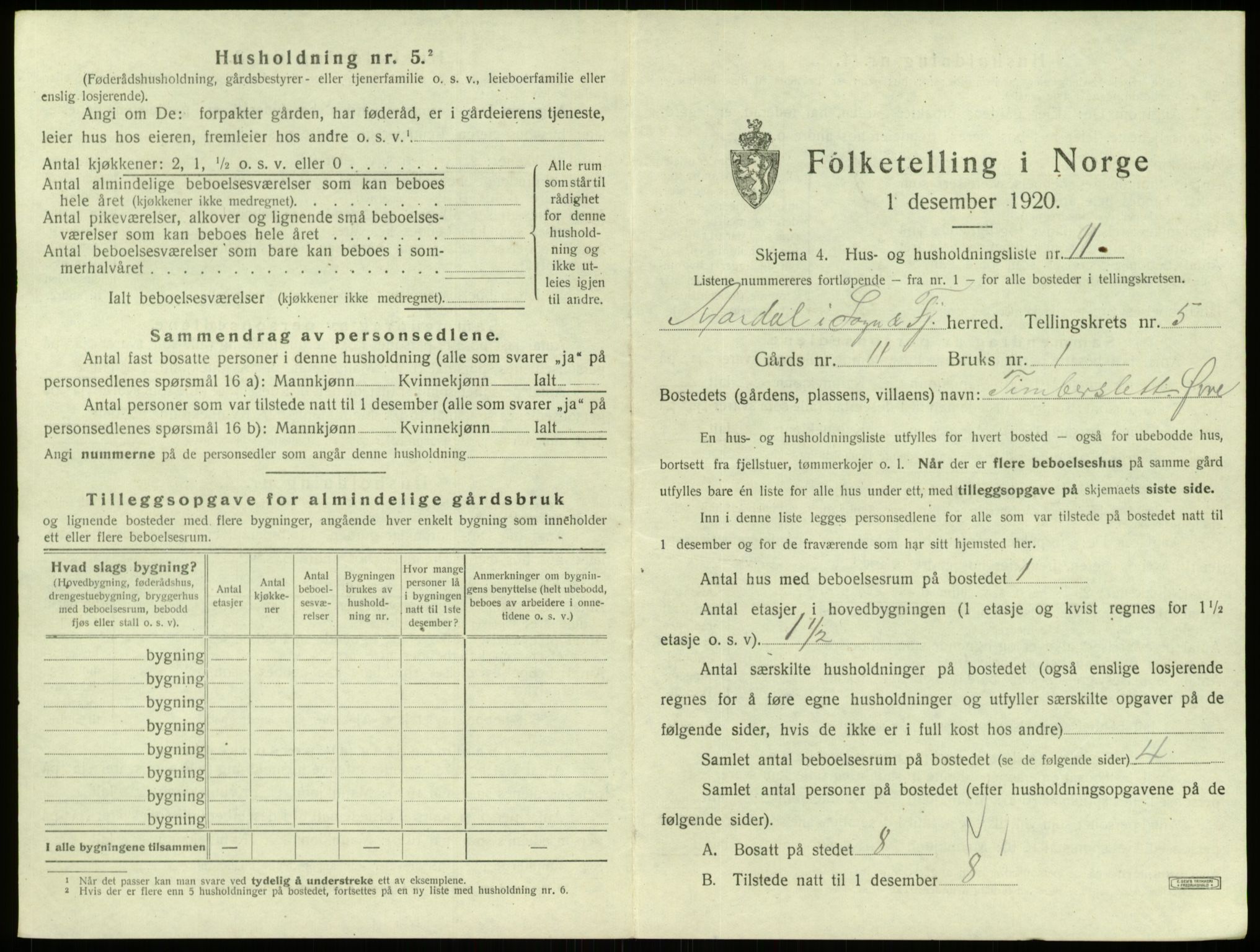 SAB, 1920 census for Årdal, 1920, p. 388