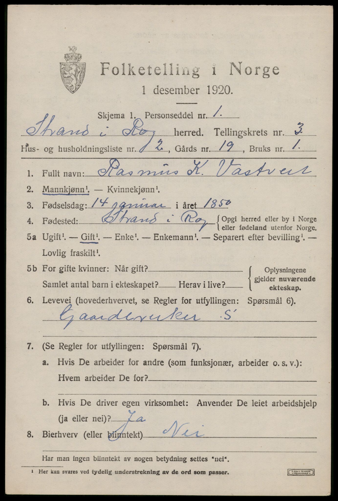 SAST, 1920 census for Strand, 1920, p. 2316