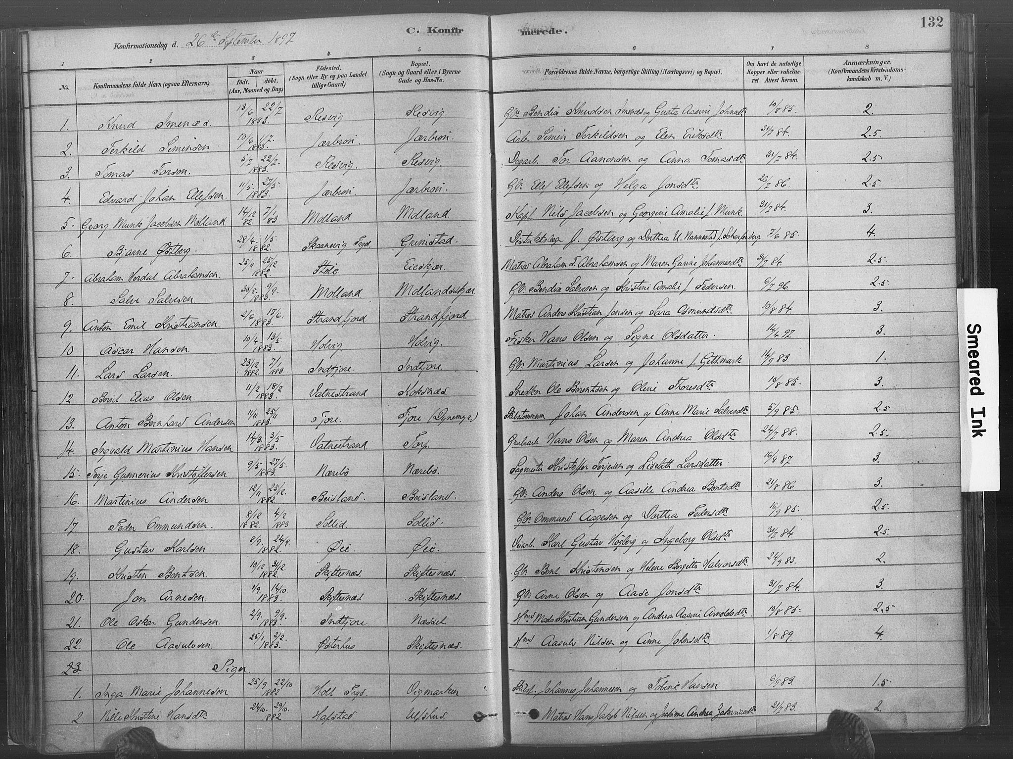 Hommedal sokneprestkontor, SAK/1111-0023/F/Fa/Fab/L0006: Parish register (official) no. A 6, 1878-1897, p. 132