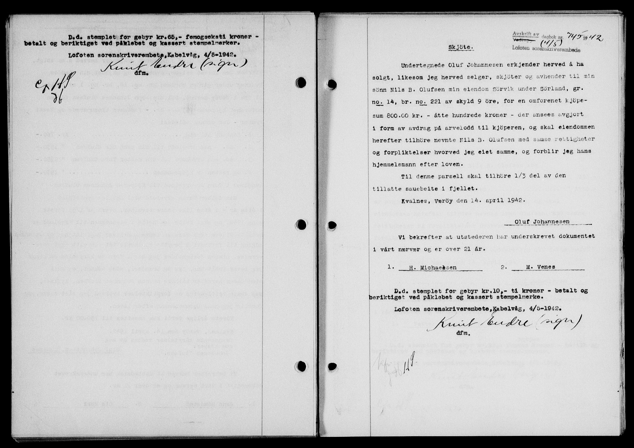 Lofoten sorenskriveri, SAT/A-0017/1/2/2C/L0009a: Mortgage book no. 9a, 1941-1942, Diary no: : 745/1942