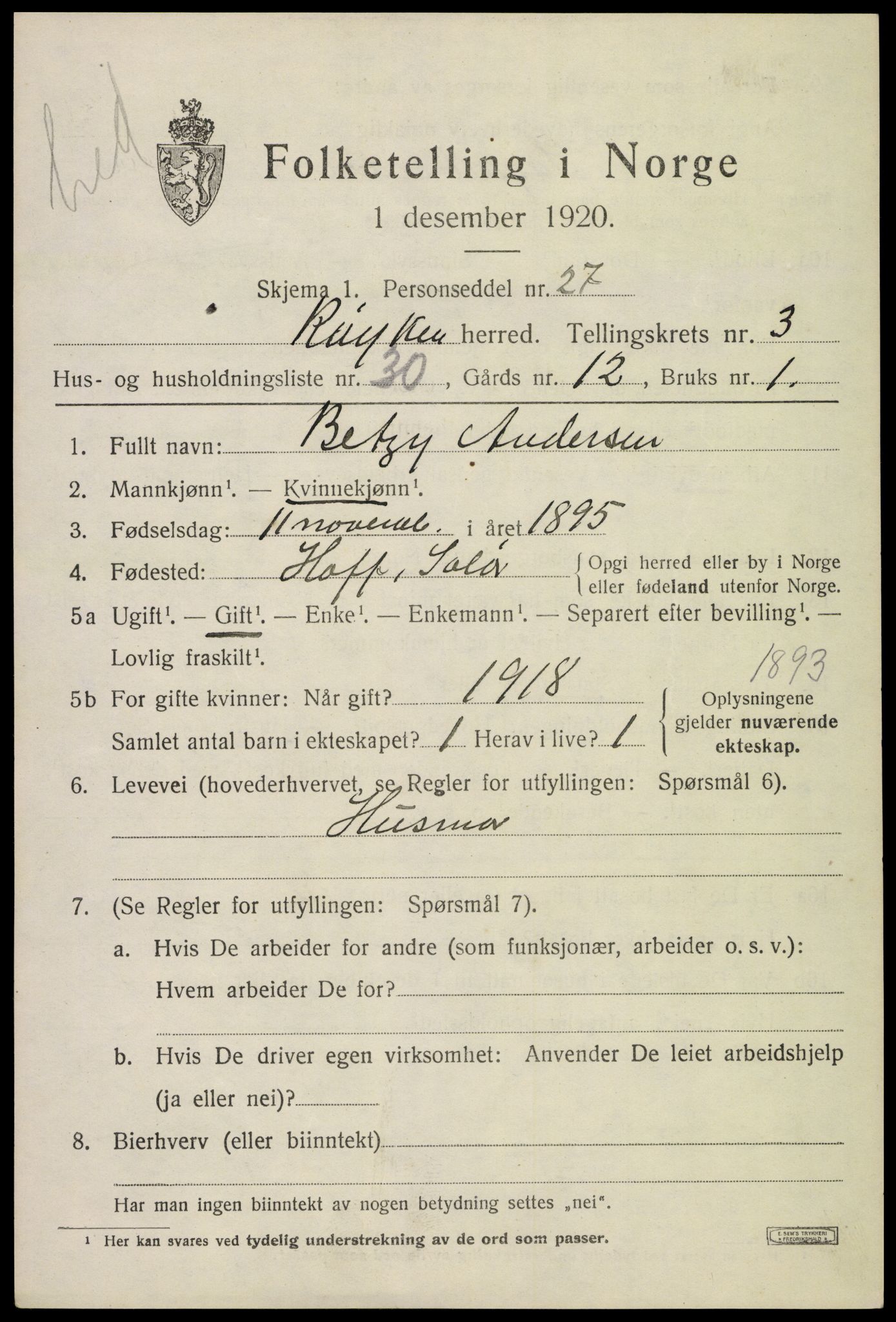 SAKO, 1920 census for Røyken, 1920, p. 4562