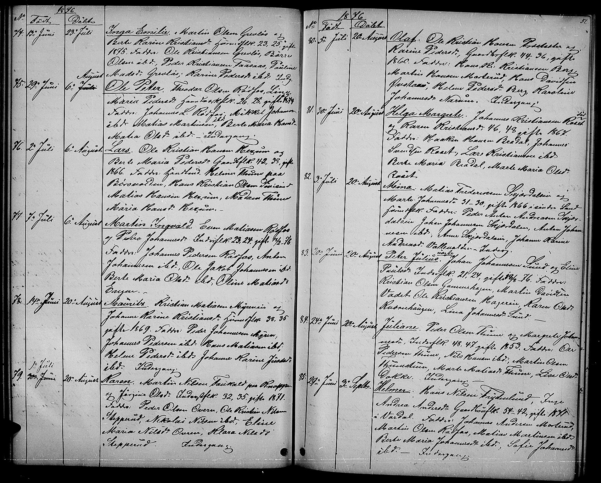 Vestre Toten prestekontor, SAH/PREST-108/H/Ha/Hab/L0006: Parish register (copy) no. 6, 1870-1887, p. 51