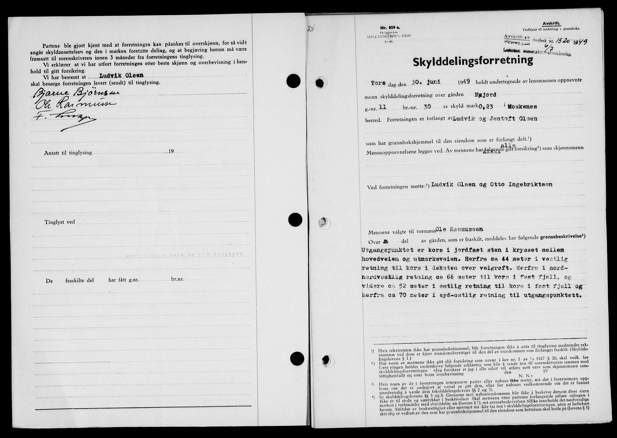 Lofoten sorenskriveri, SAT/A-0017/1/2/2C/L0021a: Mortgage book no. 21a, 1949-1949, Diary no: : 1520/1949