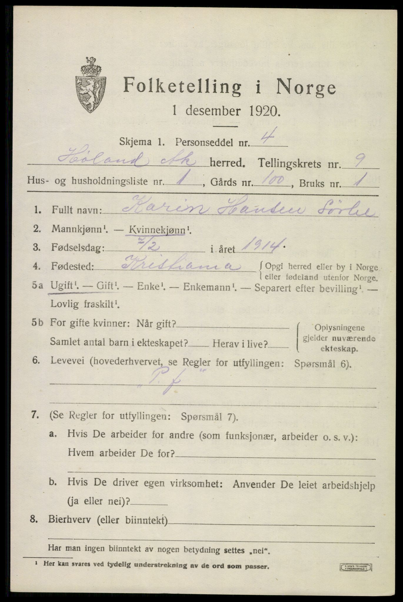 SAO, 1920 census for Høland, 1920, p. 10019