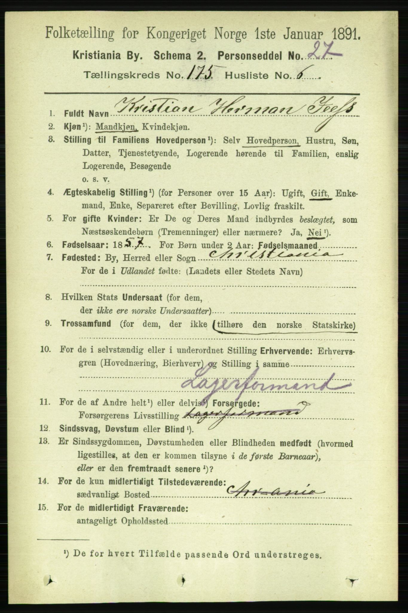 RA, 1891 census for 0301 Kristiania, 1891, p. 105101