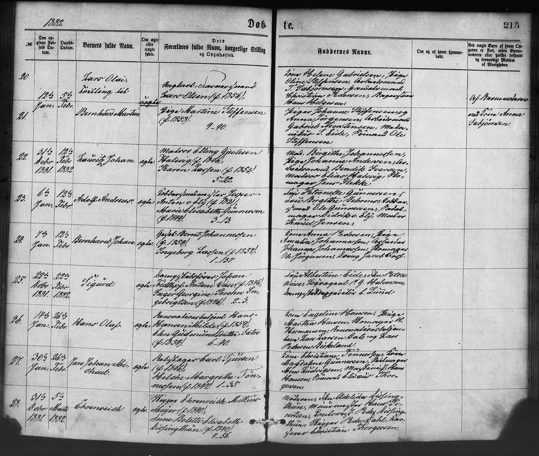 Nykirken Sokneprestembete, AV/SAB-A-77101/H/Haa/L0016: Parish register (official) no. B 3, 1870-1884, p. 215