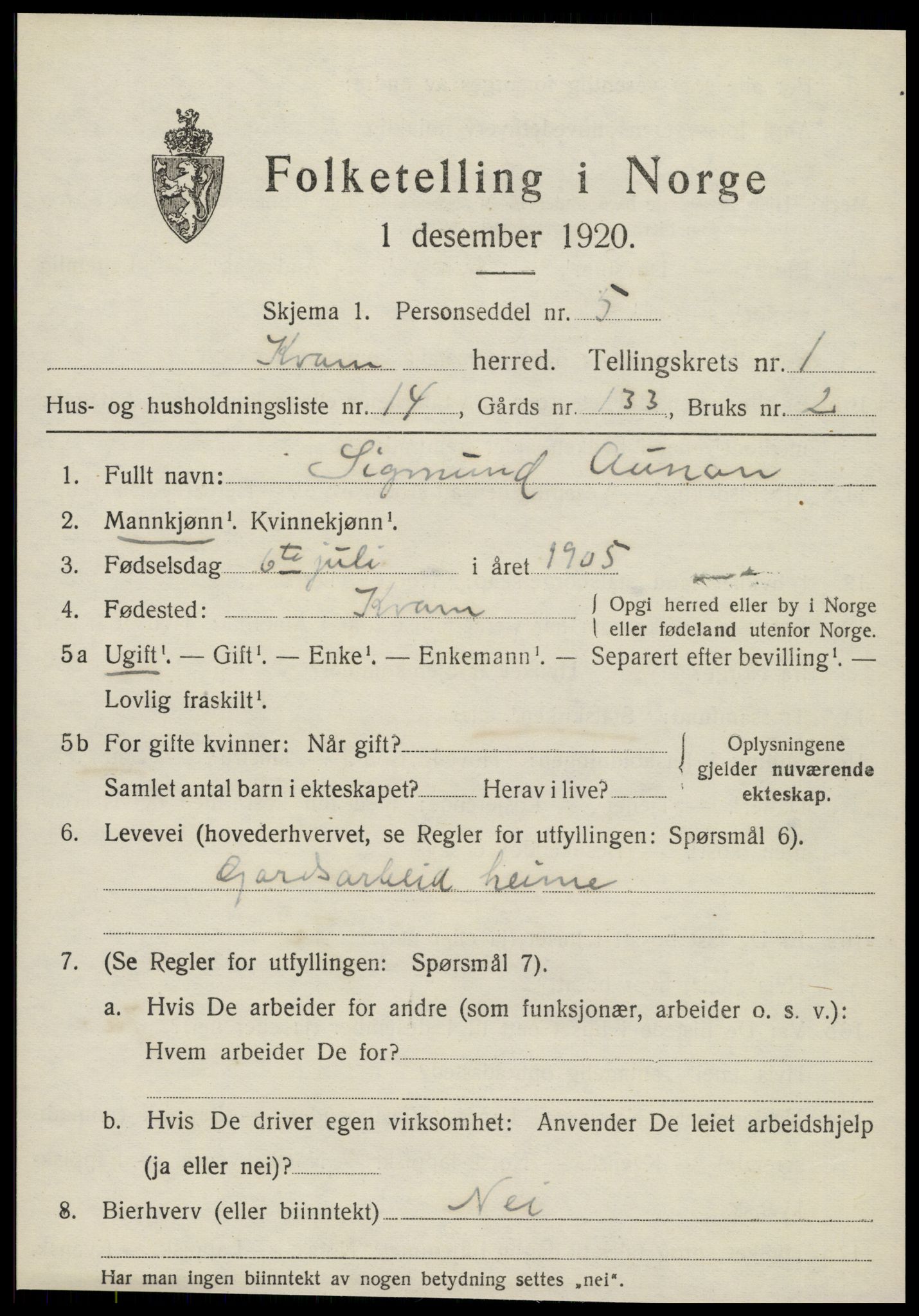 SAT, 1920 census for Kvam, 1920, p. 673