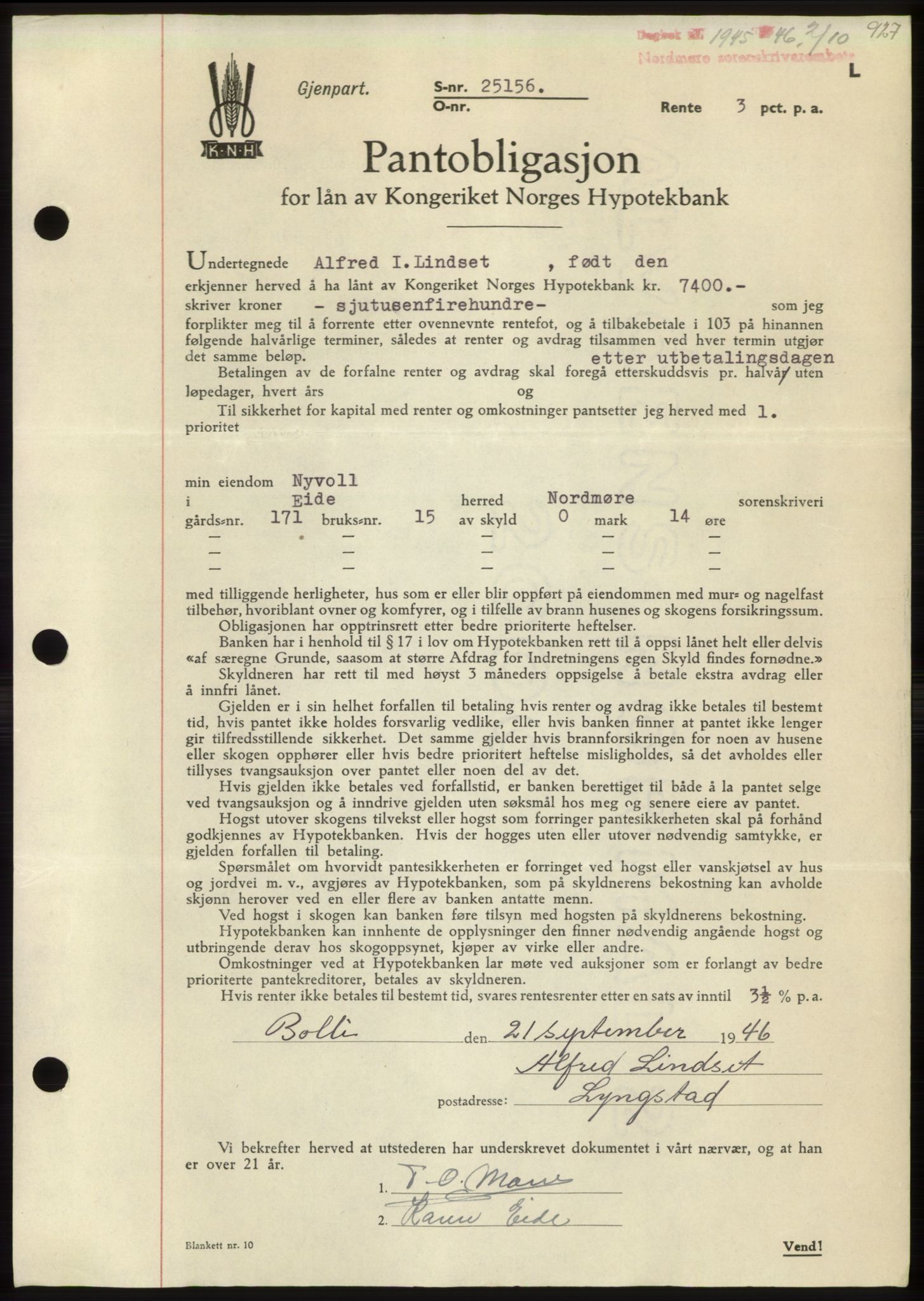 Nordmøre sorenskriveri, AV/SAT-A-4132/1/2/2Ca: Mortgage book no. B94, 1946-1946, Diary no: : 1945/1946