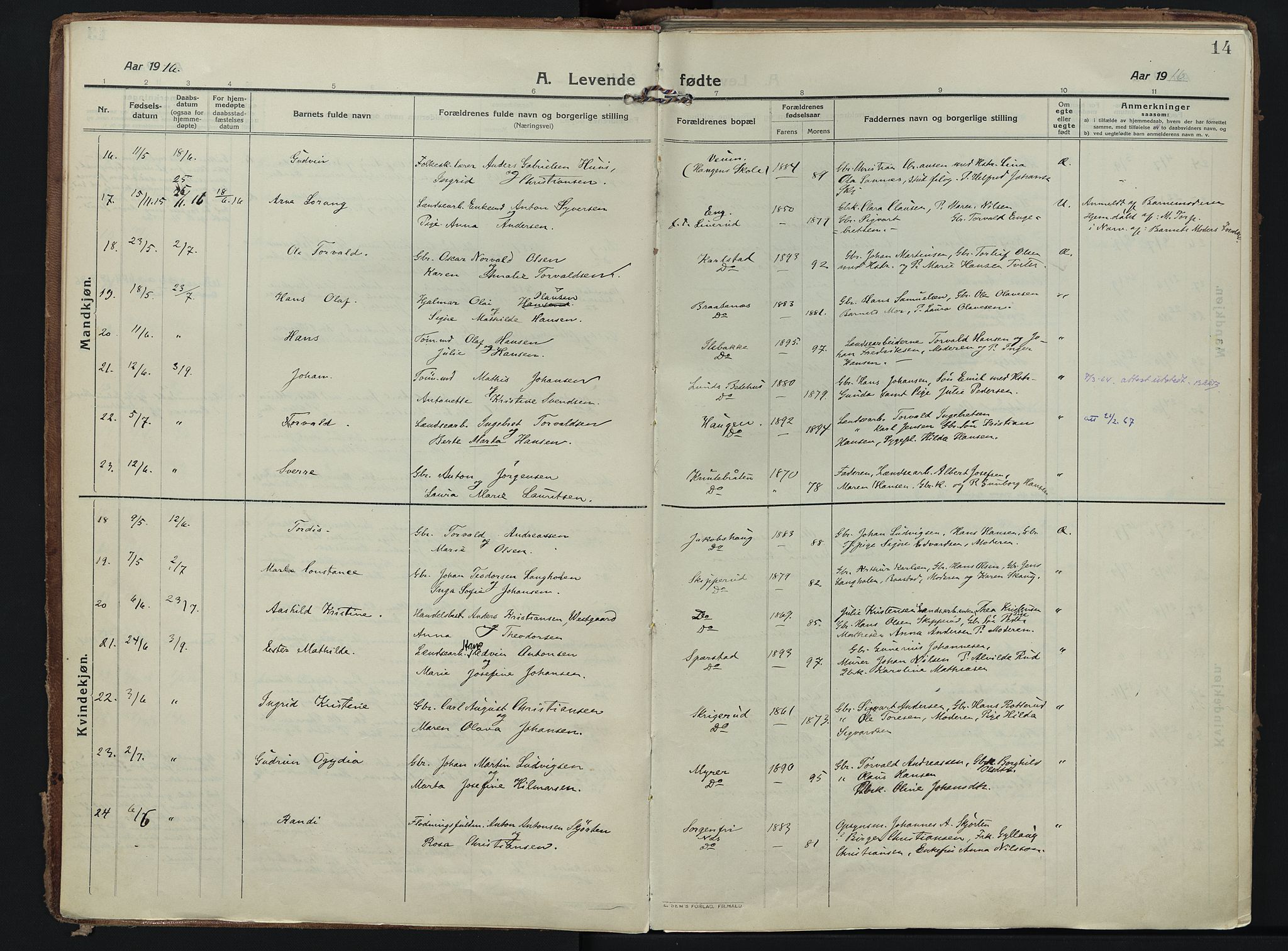 Skiptvet prestekontor Kirkebøker, SAO/A-20009/F/Fa/L0012: Parish register (official) no. 12, 1913-1924, p. 14