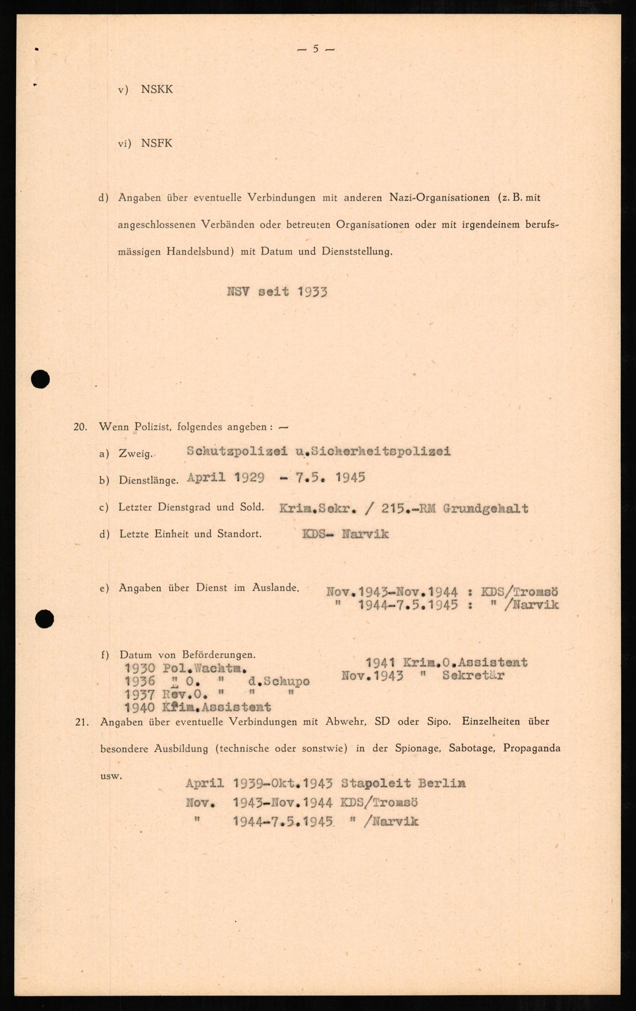 Forsvaret, Forsvarets overkommando II, AV/RA-RAFA-3915/D/Db/L0006: CI Questionaires. Tyske okkupasjonsstyrker i Norge. Tyskere., 1945-1946, p. 301