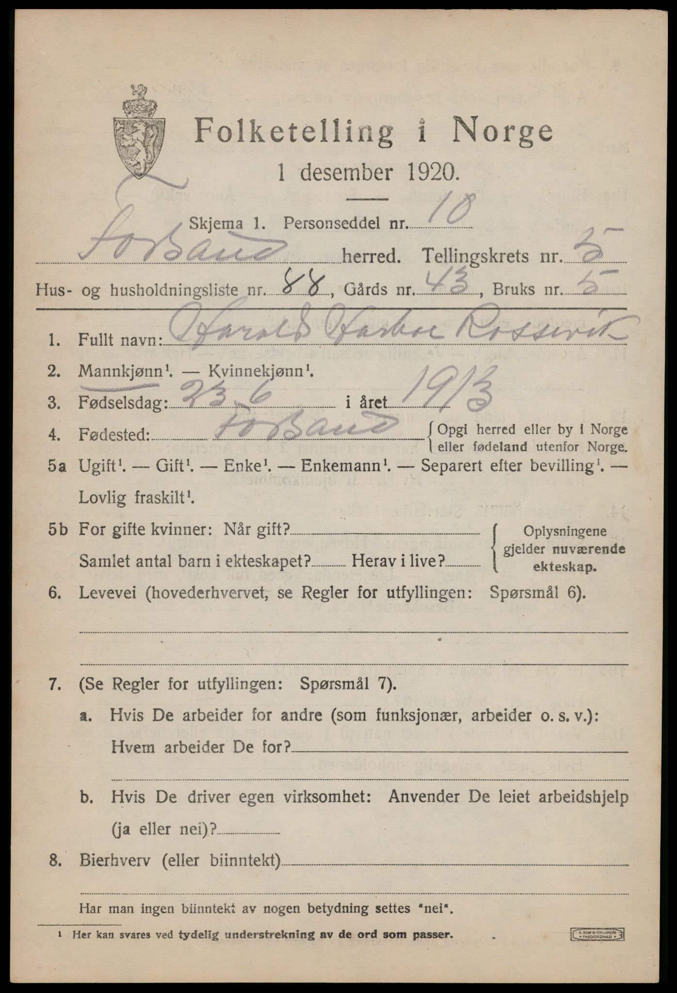 SAST, 1920 census for Forsand, 1920, p. 2749